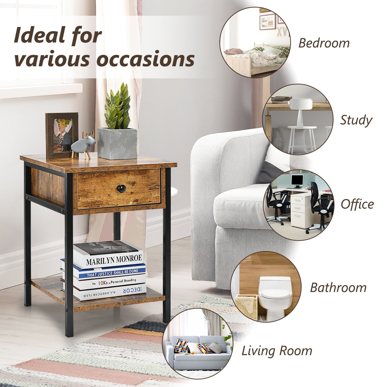 Industrial End Side Table Nightstand with Drawer Shelf