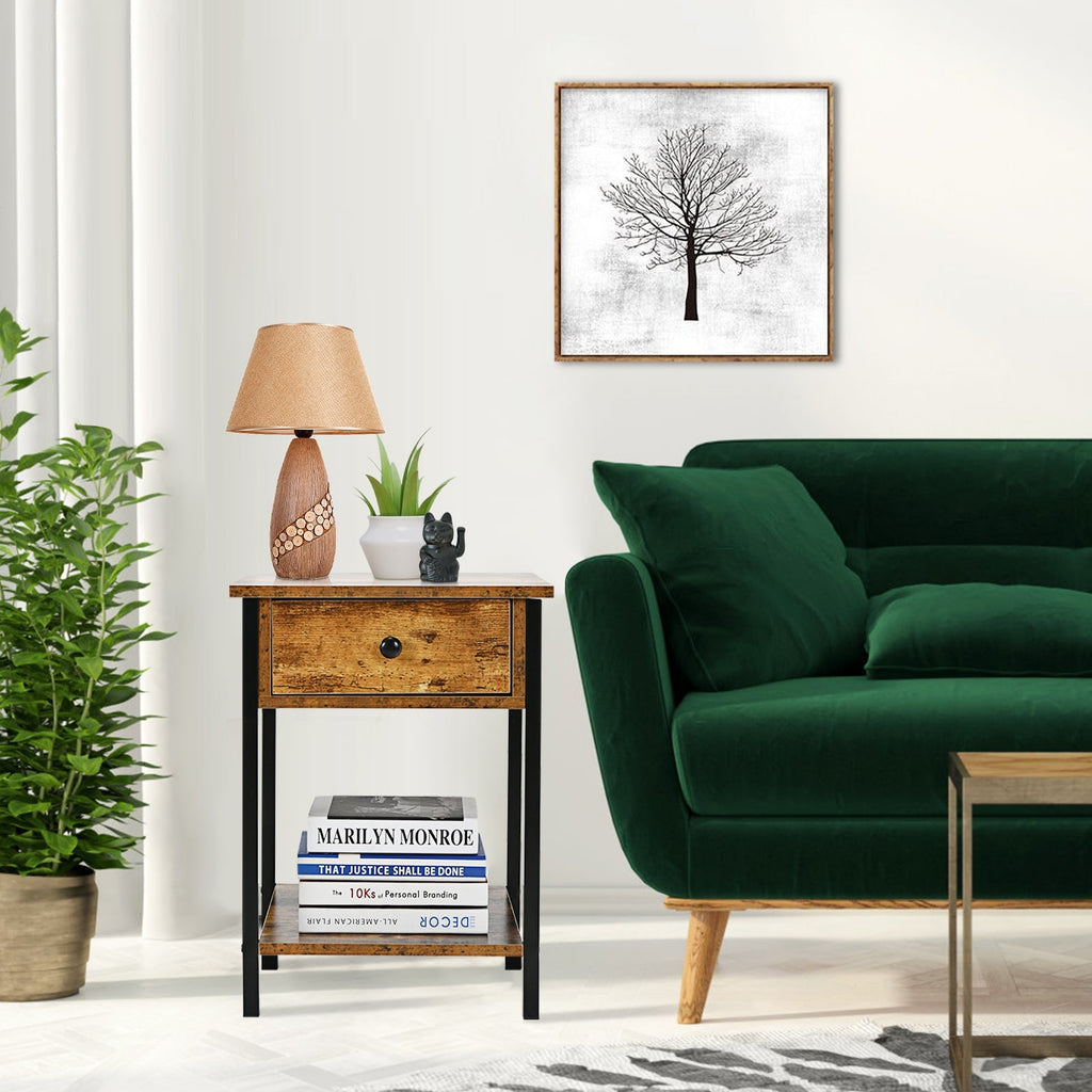 Industrial End Side Table Nightstand with Drawer Shelf