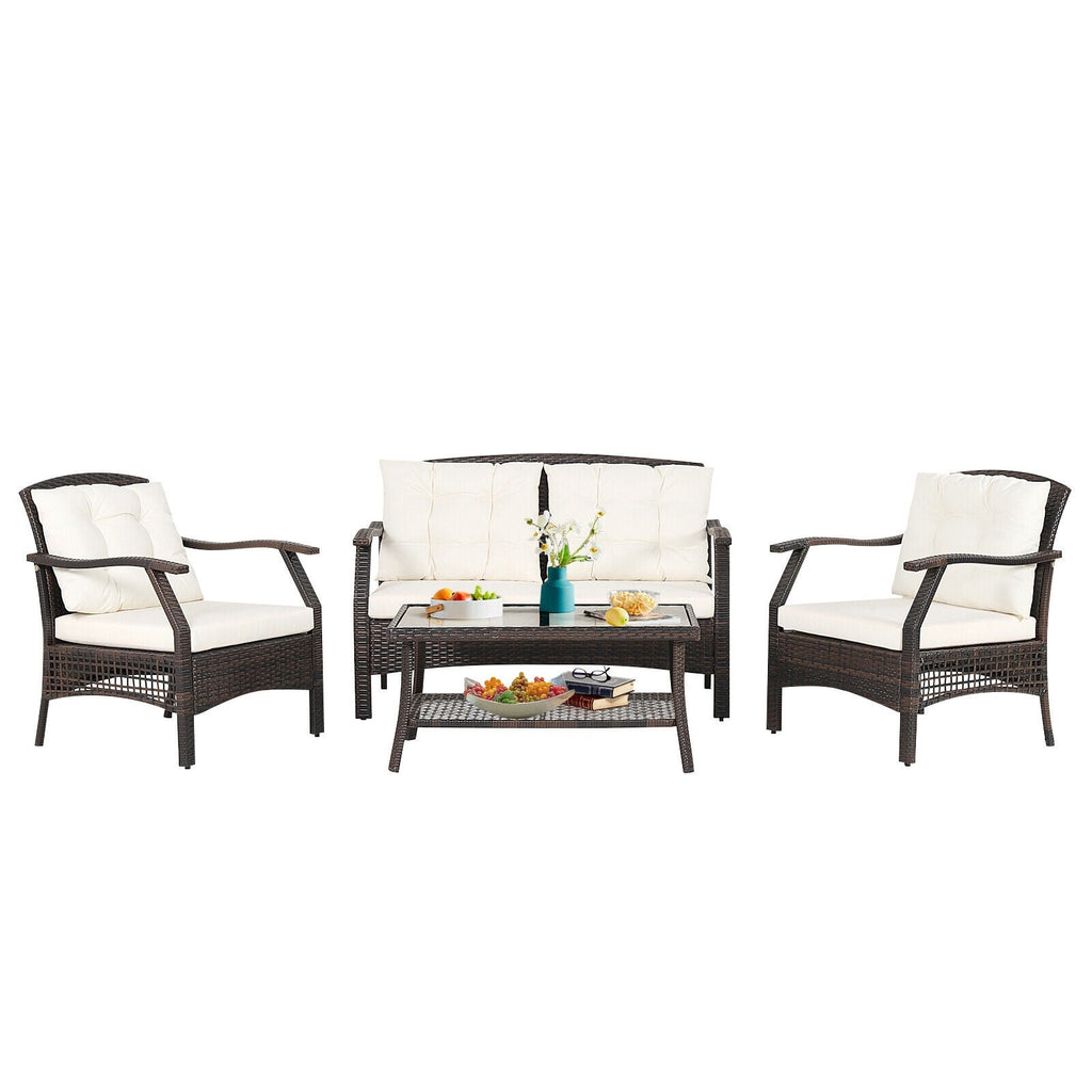 4 Pieces Outdoor Rattan Conversation Set with Protective Cover