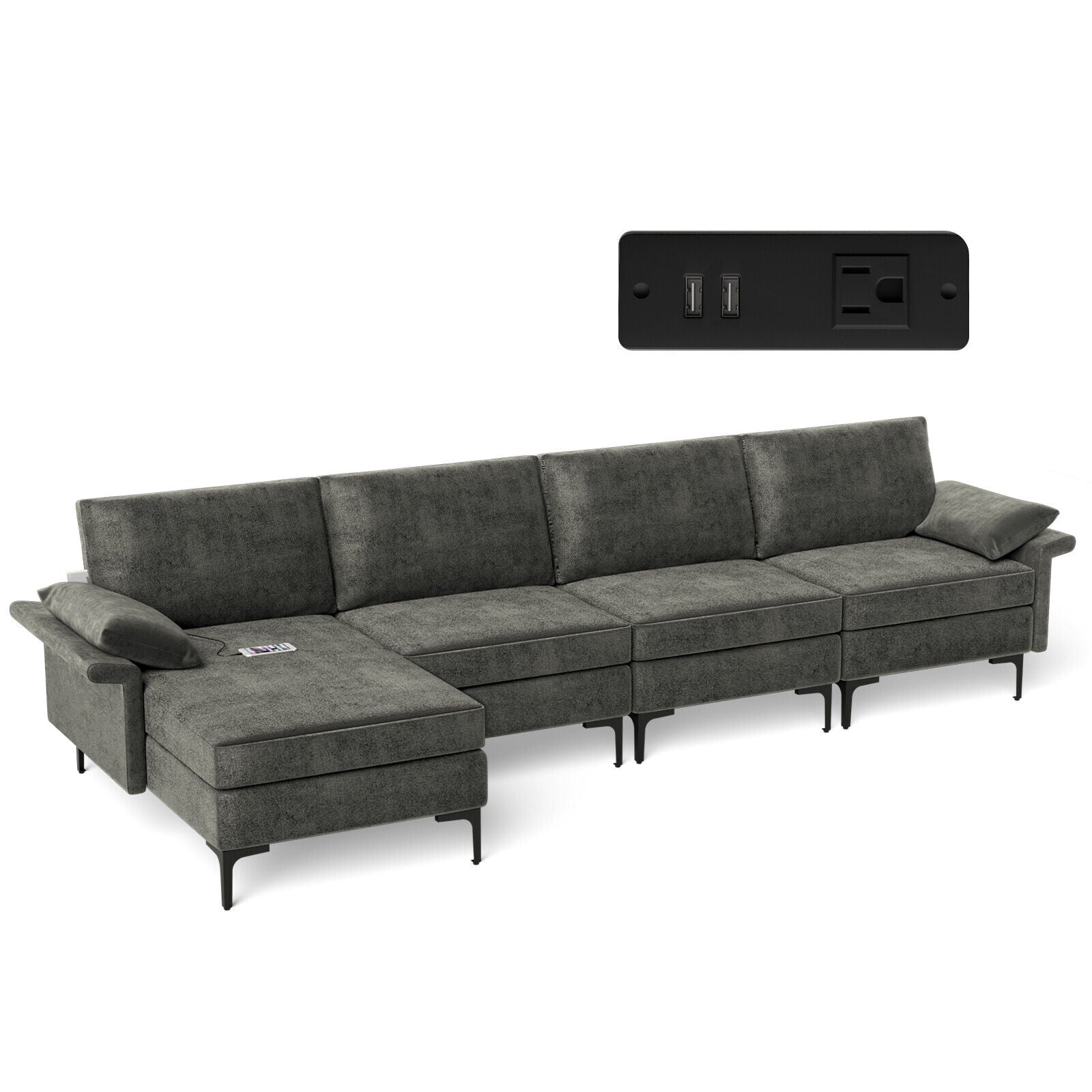 Extra Large L-shaped Sectional Sofa with Reversible Chaise and 2 USB Ports for 4-5 People