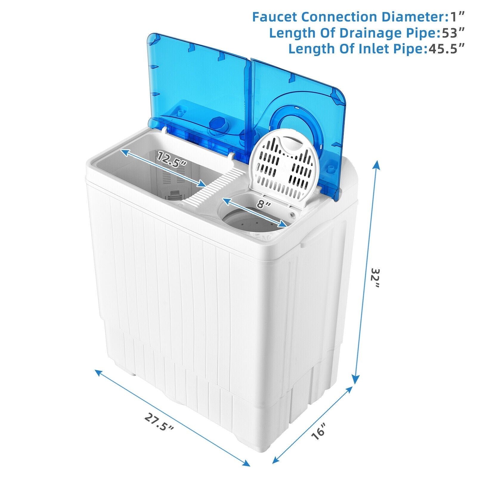26 LBS Twin Tub Portable Washing Machine with Built-In Drain Pump-Gray