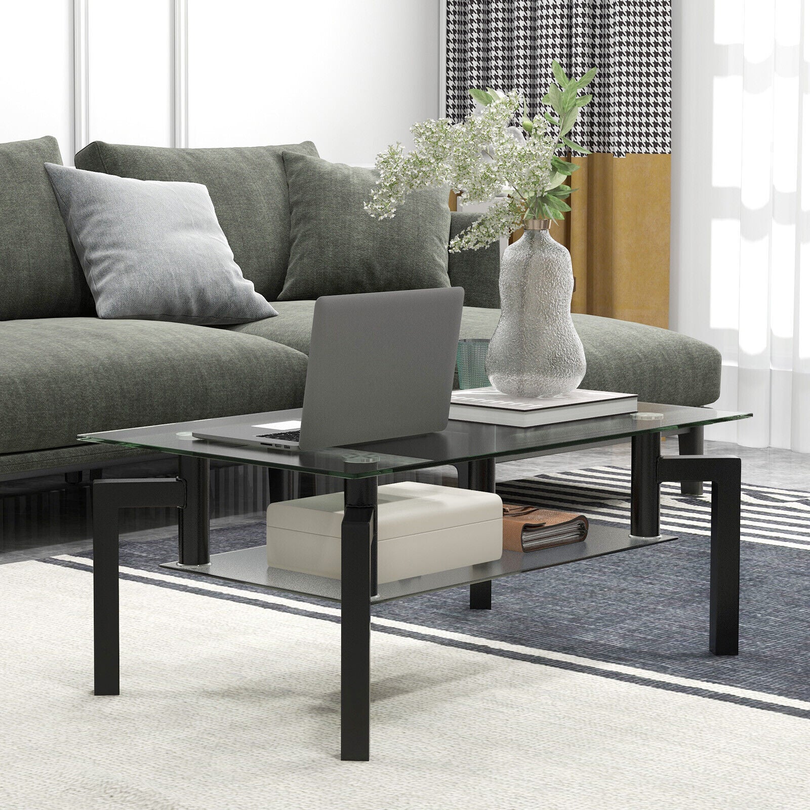 2-Tier Rectangular Glass Coffee Table with Metal Tube Legs-Black