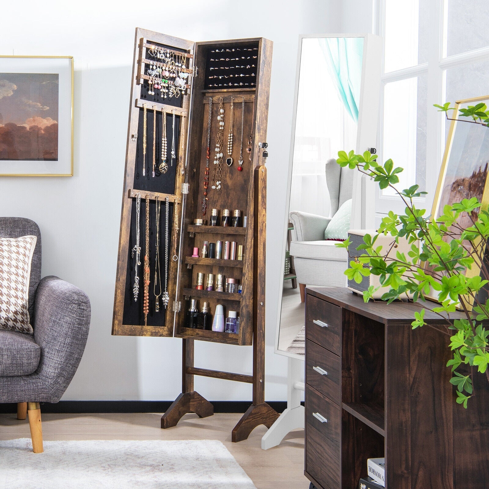 Free-Standing Jewelry Cabinet with Full-Length Mirror and Lockable Door