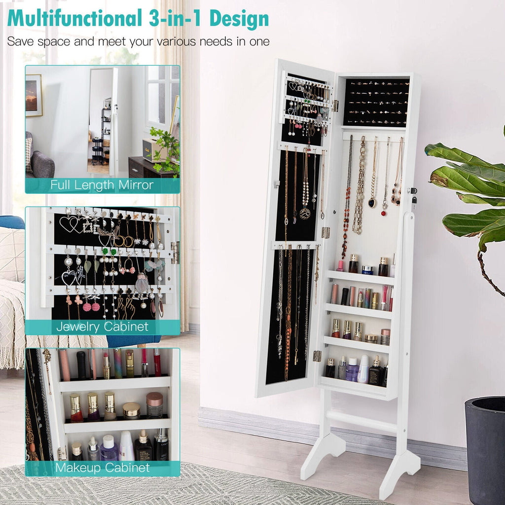 Free-Standing Jewelry Cabinet with Full-Length Mirror and Lockable Door