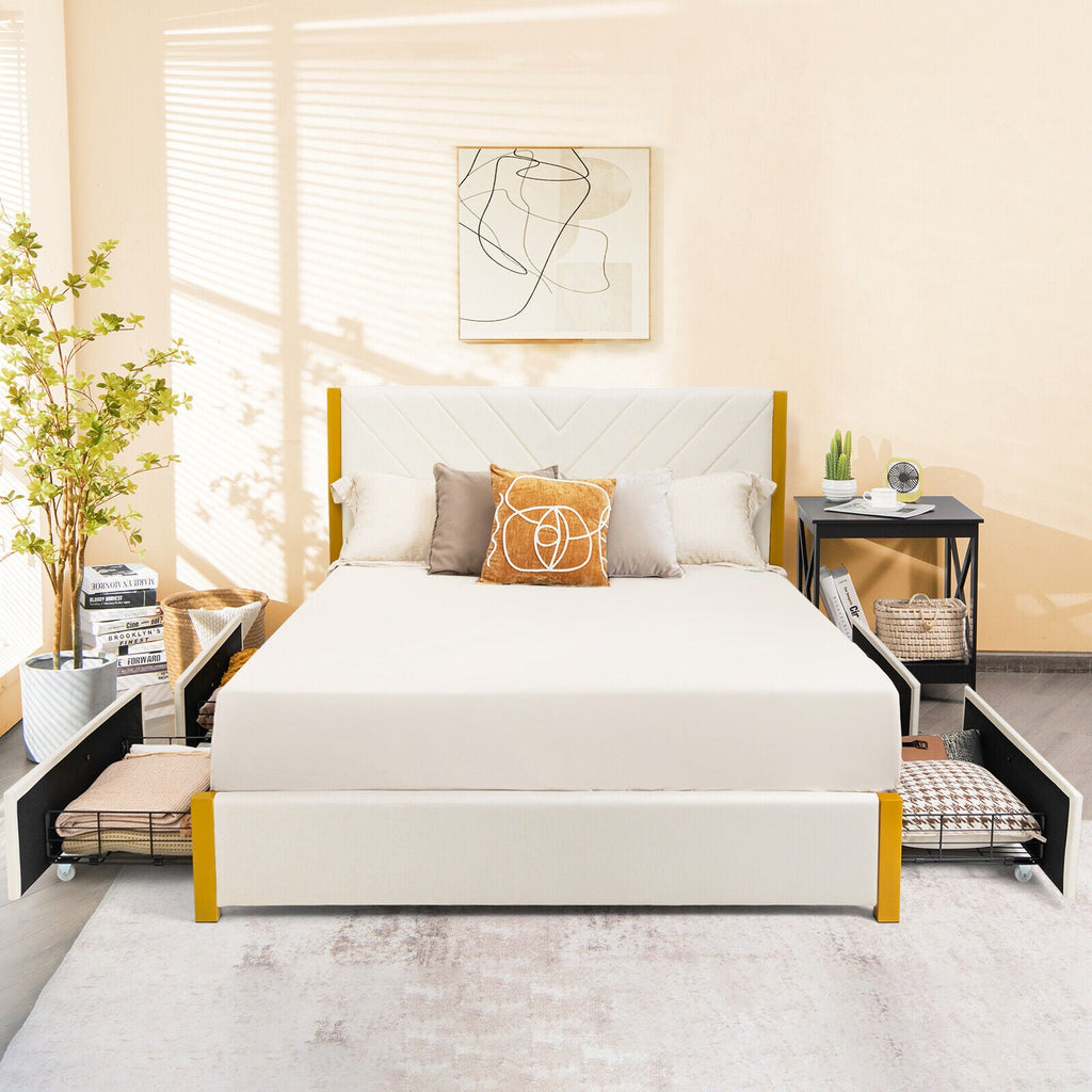 Full Size/Queen Size Upholstered Bed Frame with Adjustable Headboard and 4 Drawers