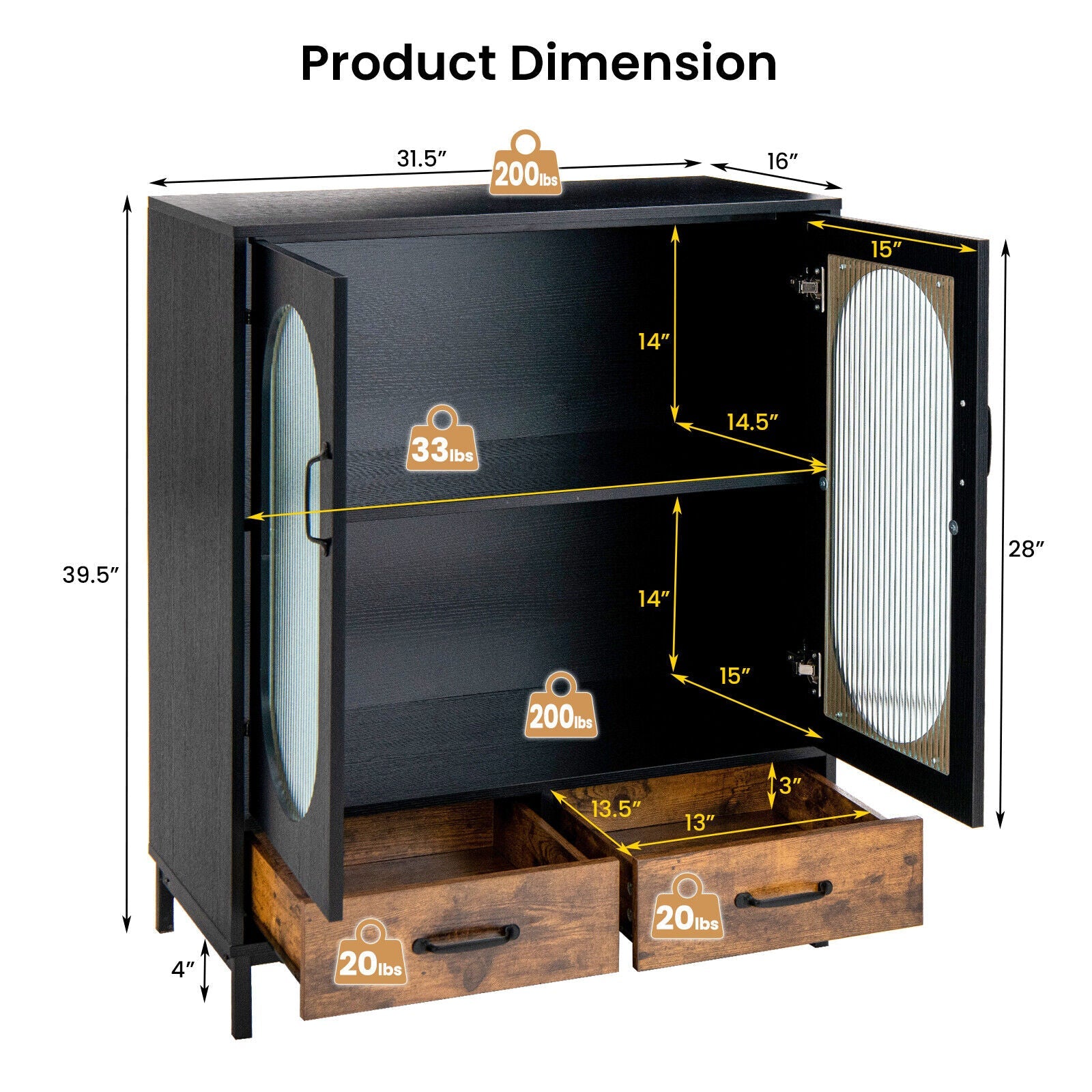Kitchen Industrial Buffet Sideboard with Tempered Glass Doors-Black