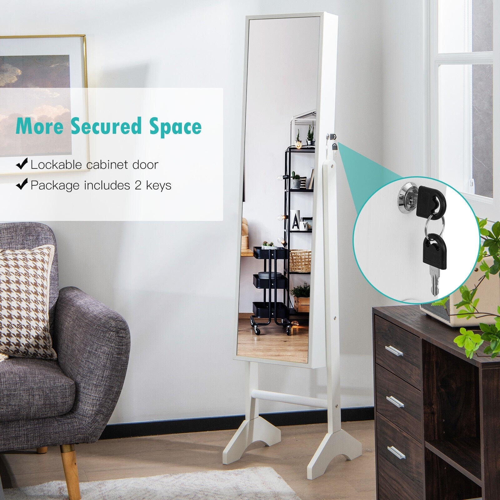 Free-Standing Jewelry Cabinet with Full-Length Mirror and Lockable Door