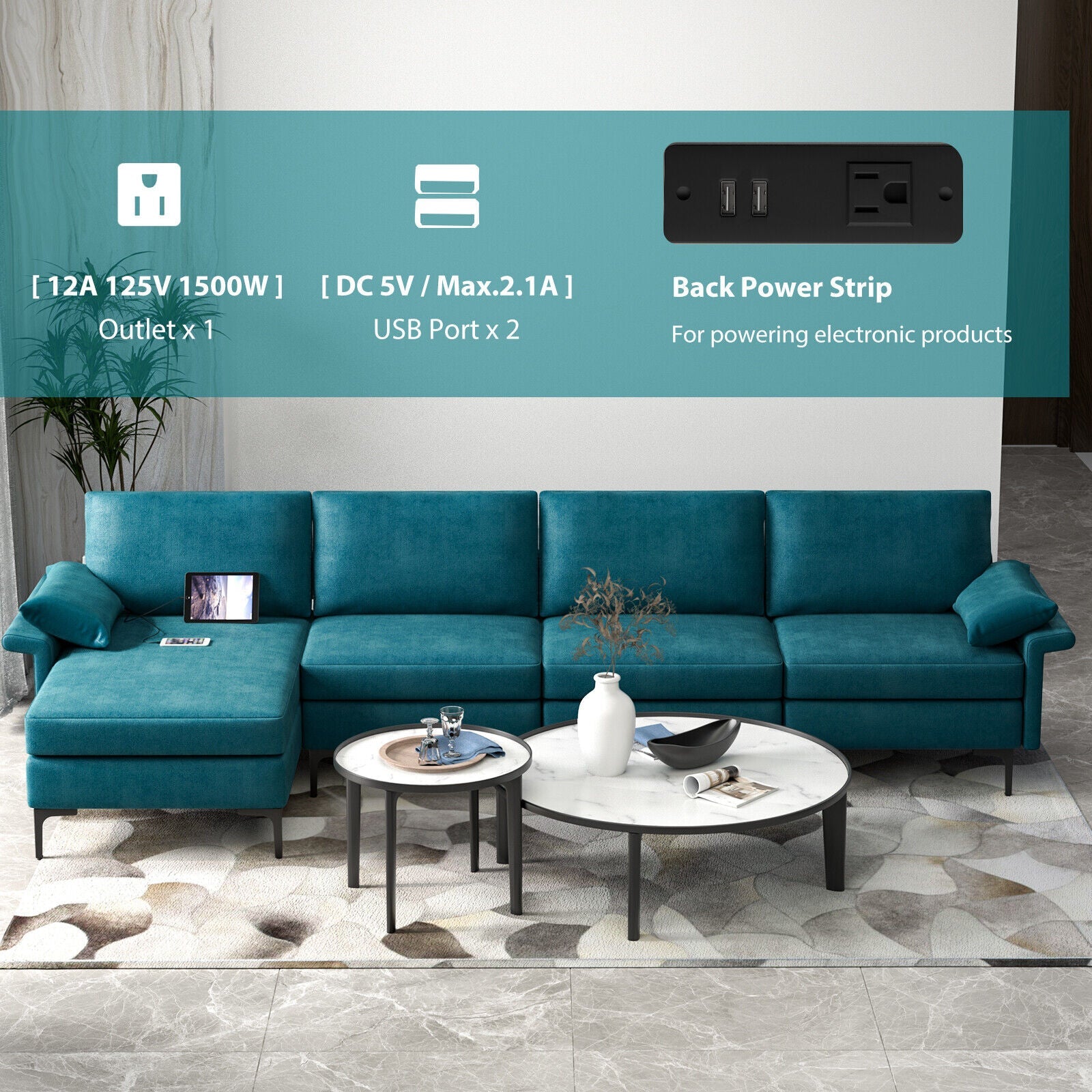 Extra Large L-shaped Sectional Sofa with Reversible Chaise and 2 USB Ports for 4-5 People
