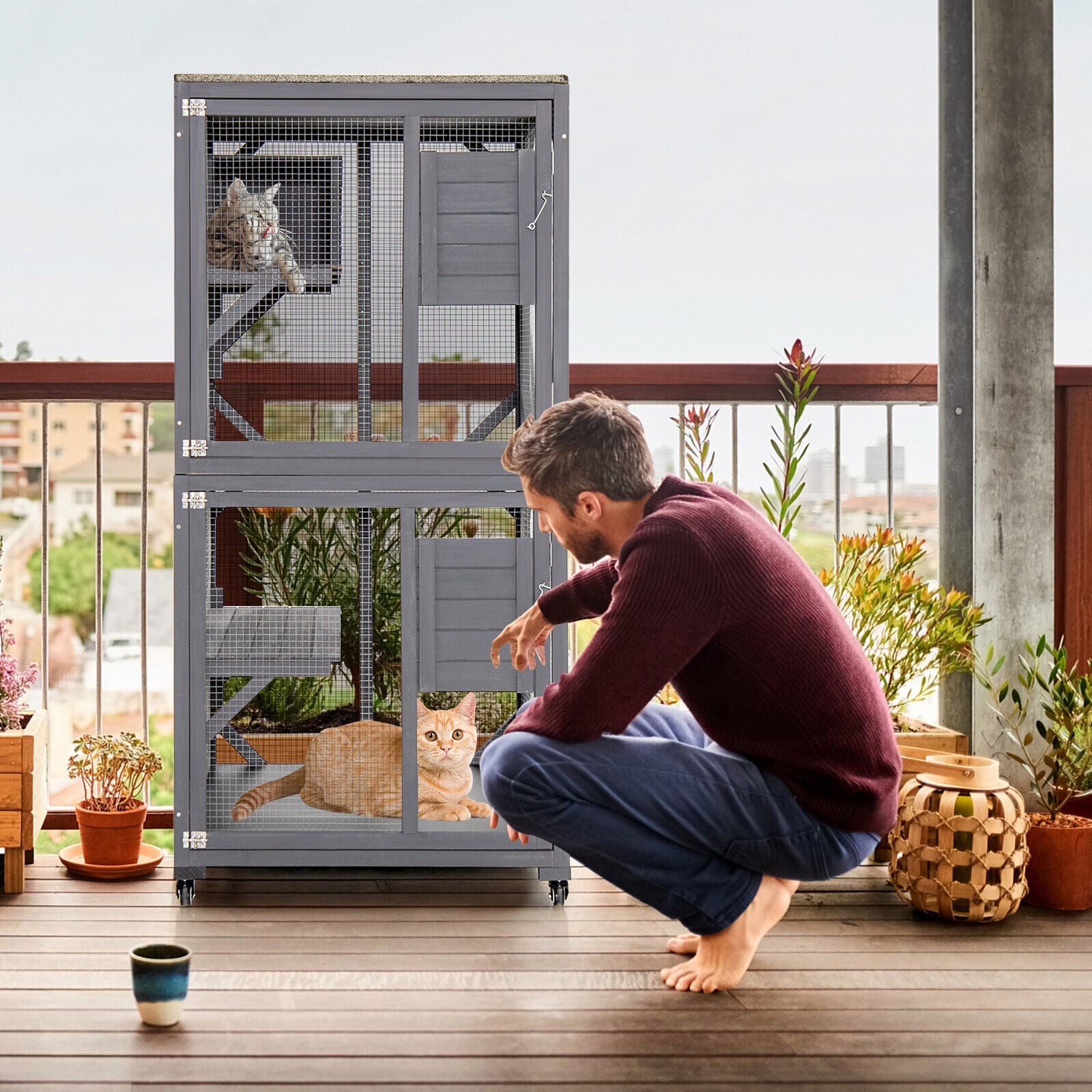 Outdoor Cat House Enclosures on Wheels Kitten Cages with Resting Box-Gray