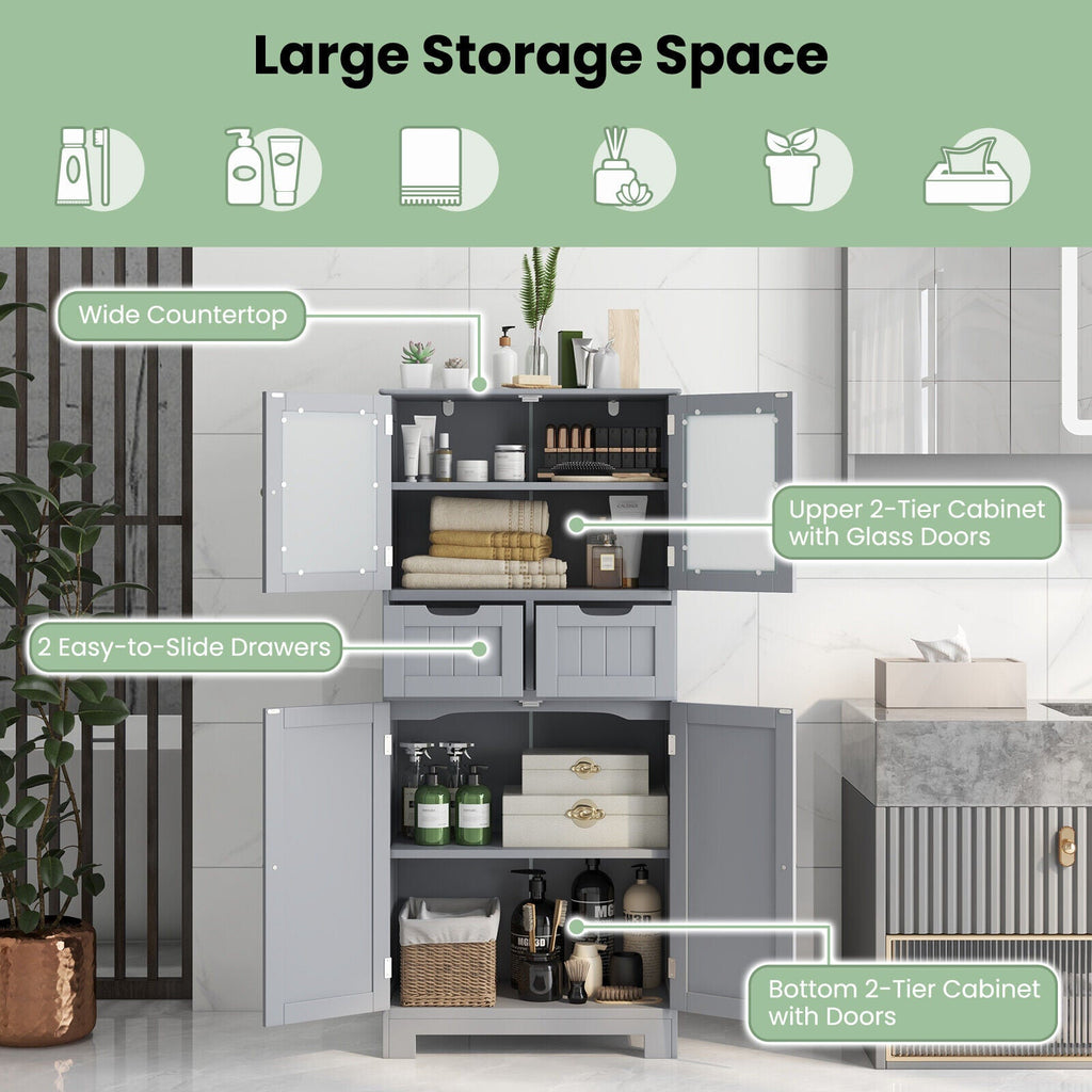 3 Tier Freee-Standing Bathroom Cabinet with 2 Drawers and Glass Doors