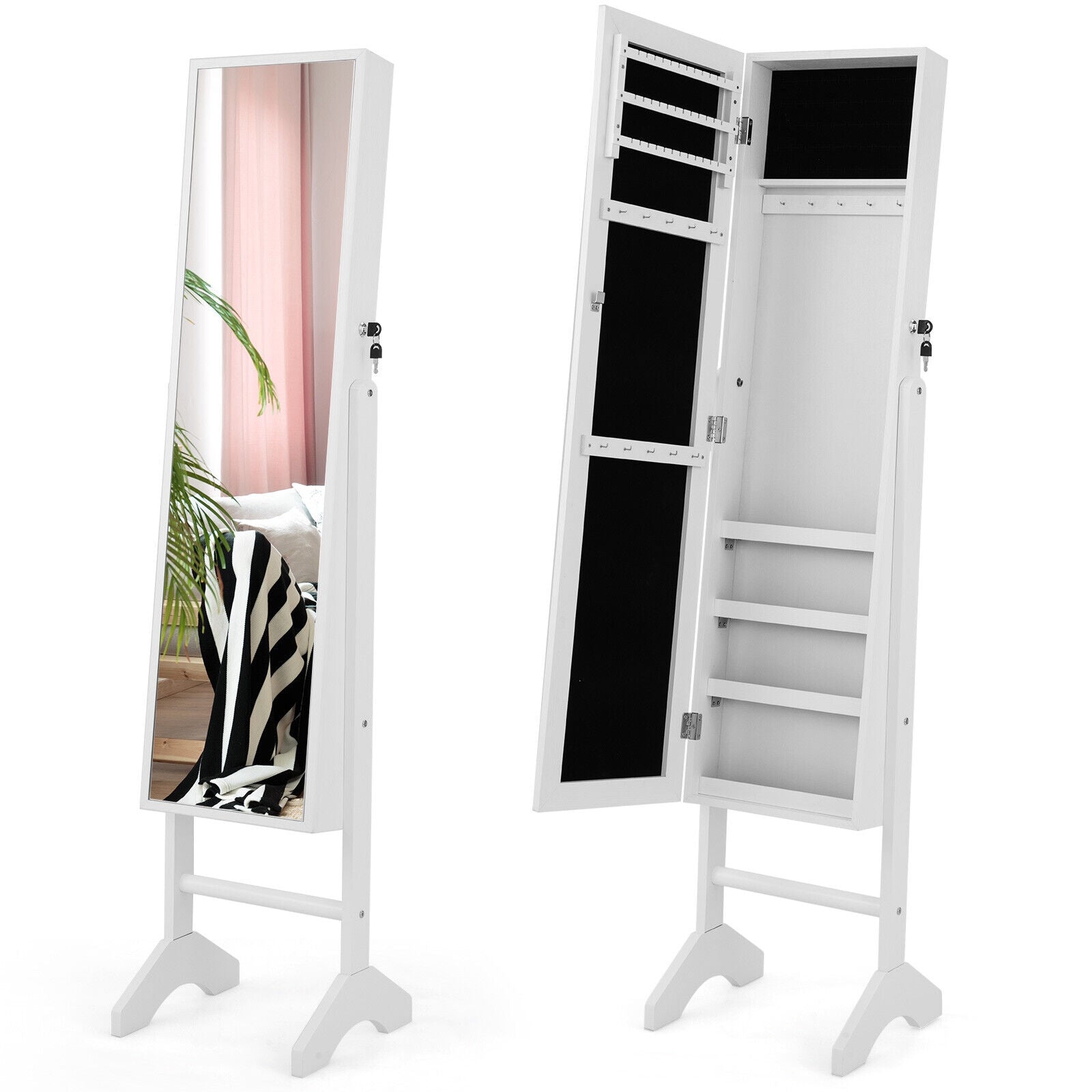 Free-Standing Jewelry Cabinet with Full-Length Mirror and Lockable Door