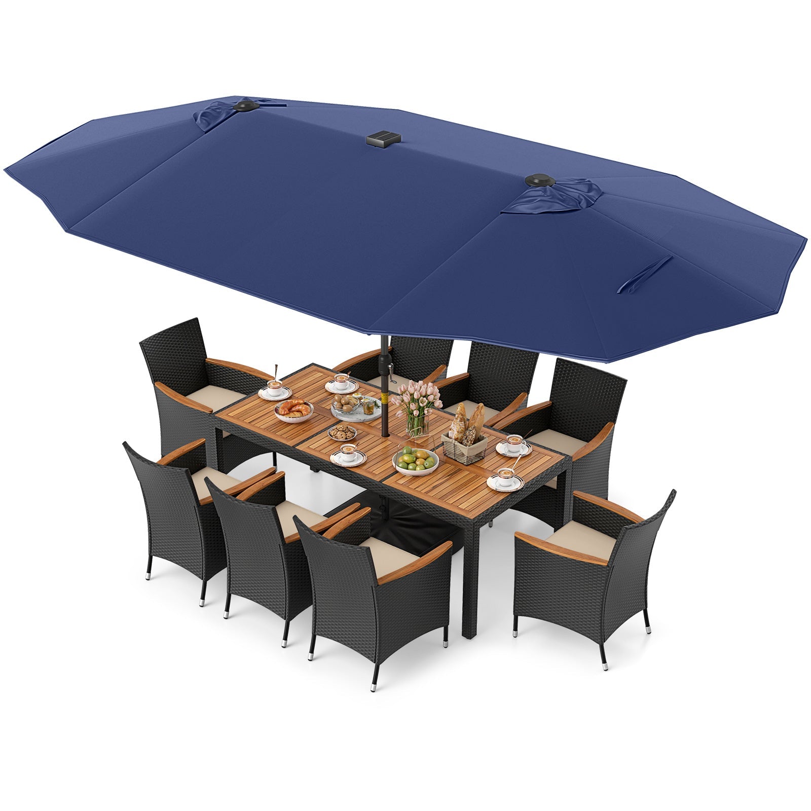 11 Pieces Patio Dining Set with LED Patio Umbrella with Base and Seat Cushions (Beige)