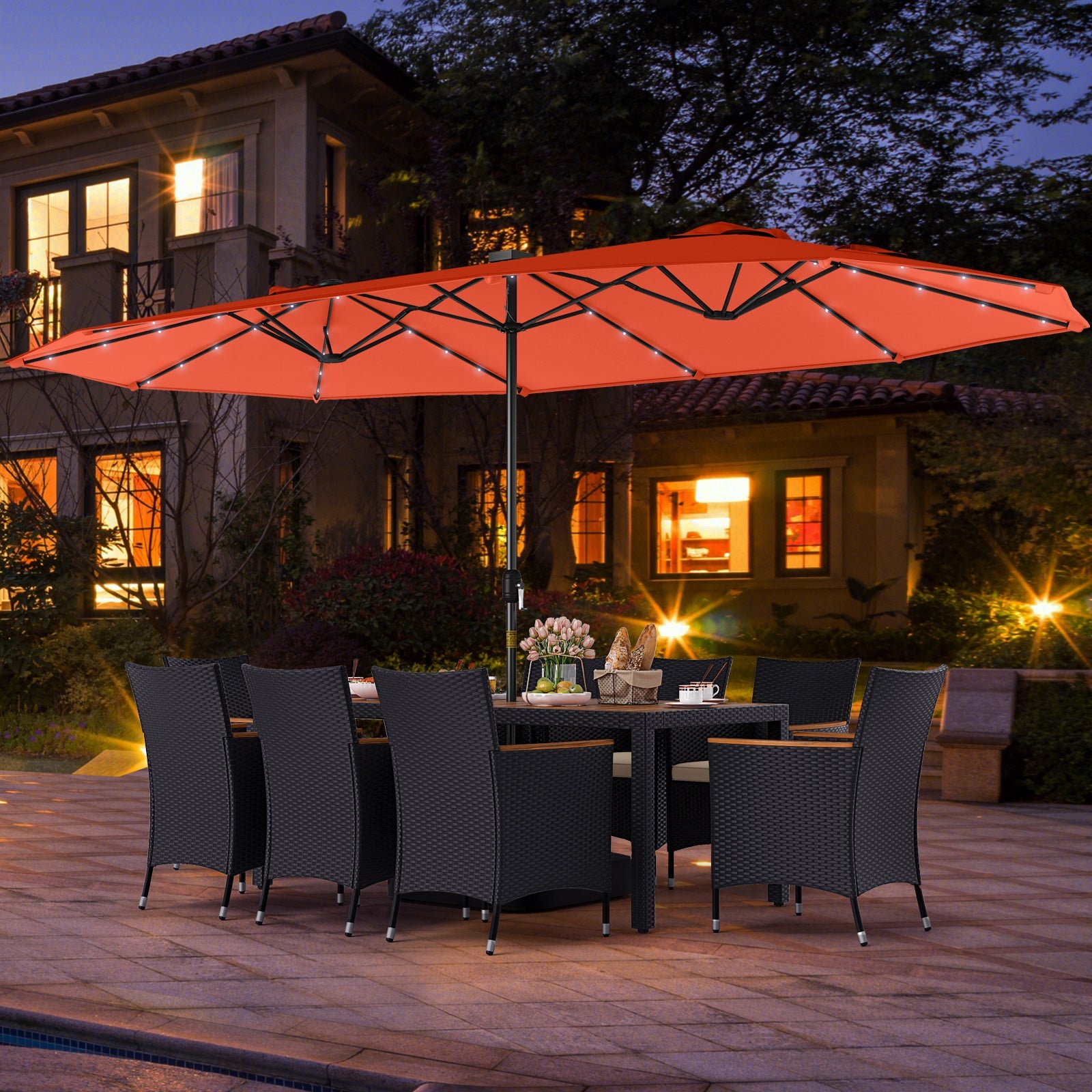 11 Pieces Patio Dining Set with LED Patio Umbrella with Base and Seat Cushions (Beige)