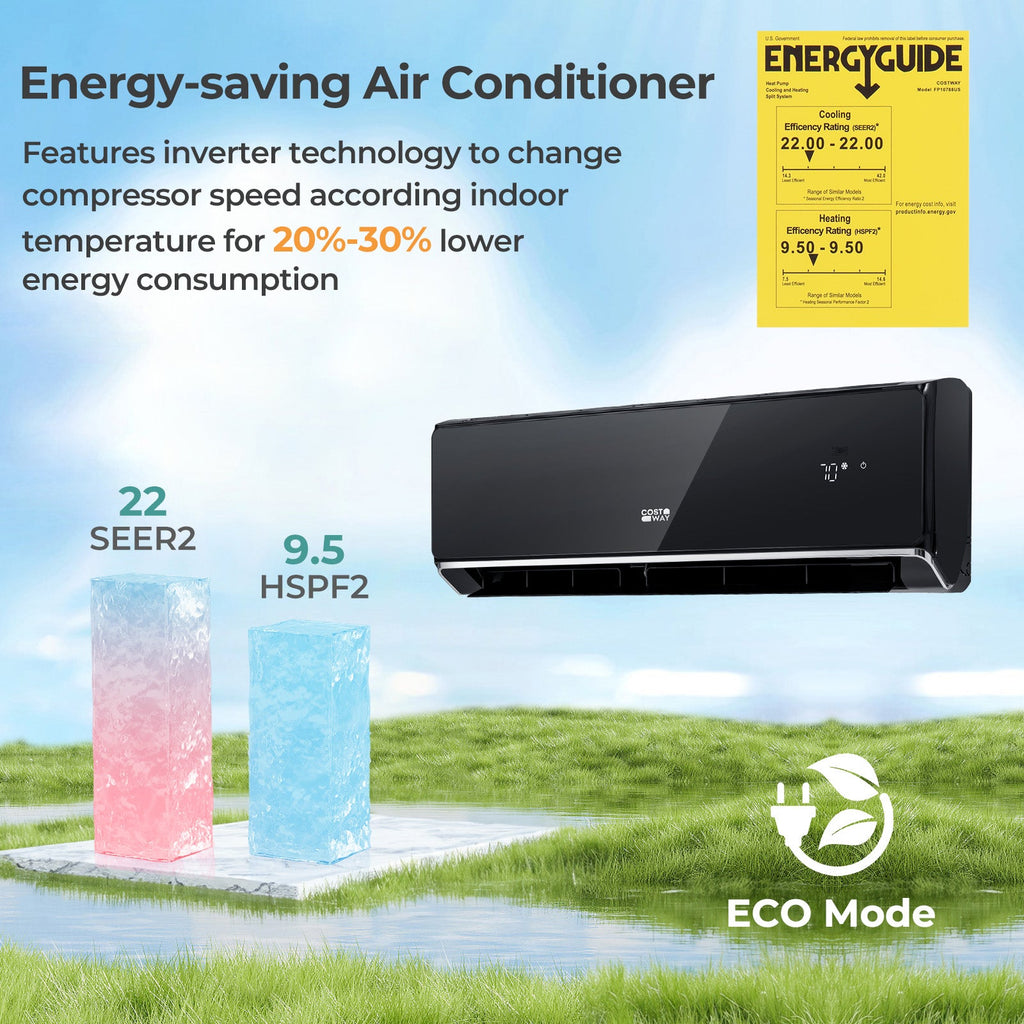 12000 BTU 22 SEER2 208-230V Wifi Enabled Mini Split Air Conditioner and Heater Black