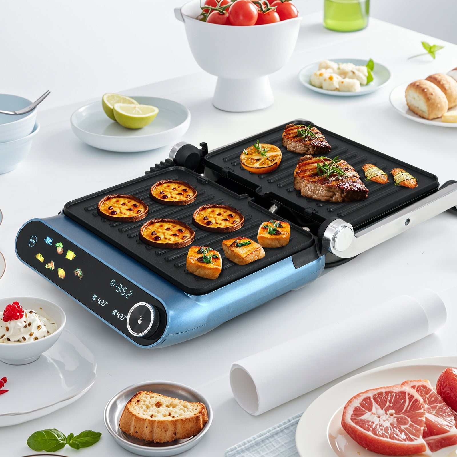 1200W Panini Press Grill with LED Display and 7 Grilling Modes-Blue