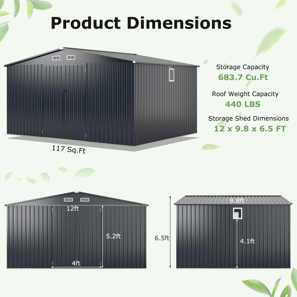 12 x 9.8 Feet Outdoor Storage Shed with Lockable Door and Pitched Roof-Gray
