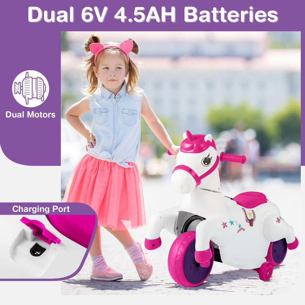 12V Unicorn Ride on Toy with Training Wheels and Horse Riding Mode