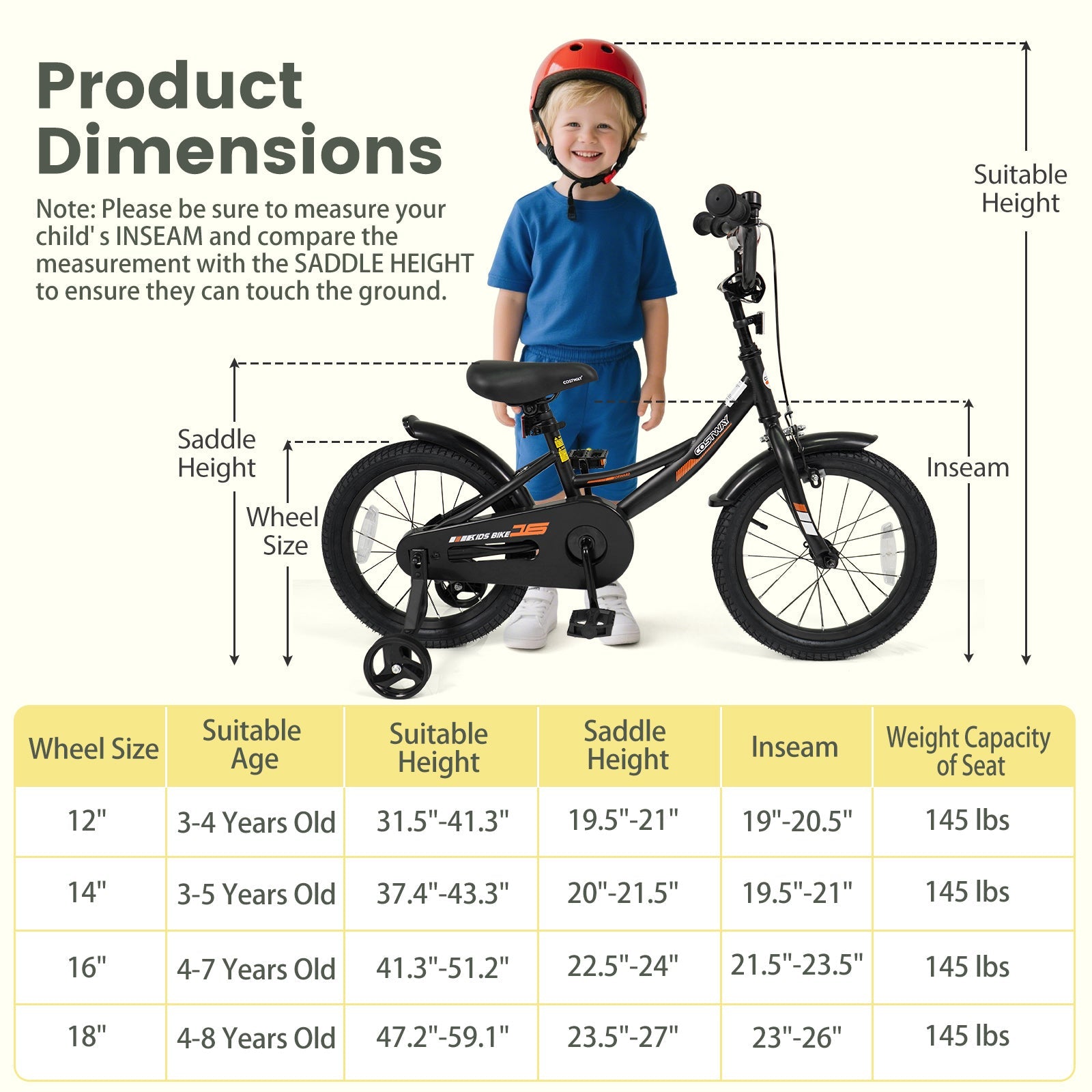 12/14/16/18 Inches Kids Bike with Removable Training Wheels and Adjustable Seatfor 3-8 Years Old Black