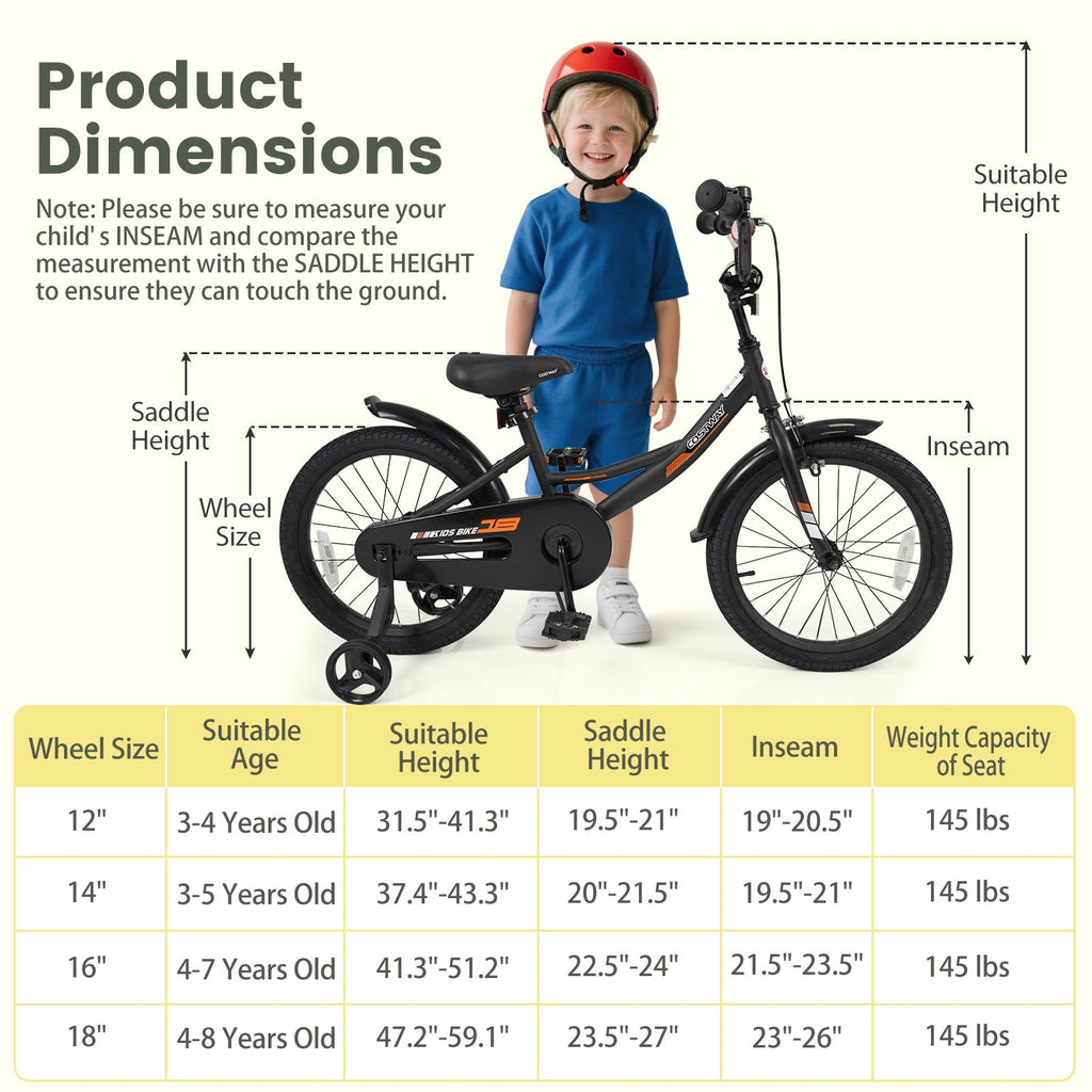 12/14/16/18 Inches Kids Bike with Removable Training Wheels and Adjustable Seatfor 3-8 Years Old Black