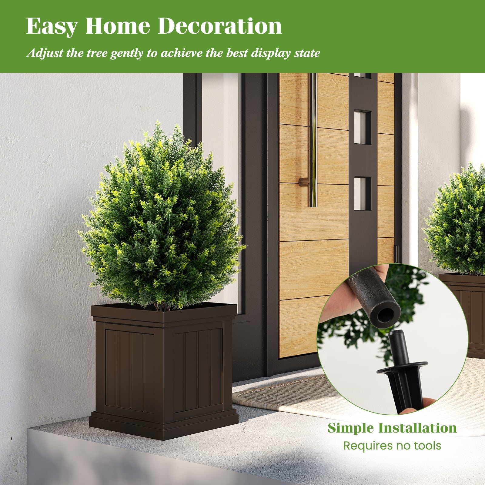 24 Inches Artificial Cypress Topiary Ball Tree Set with Ground Spike-Green