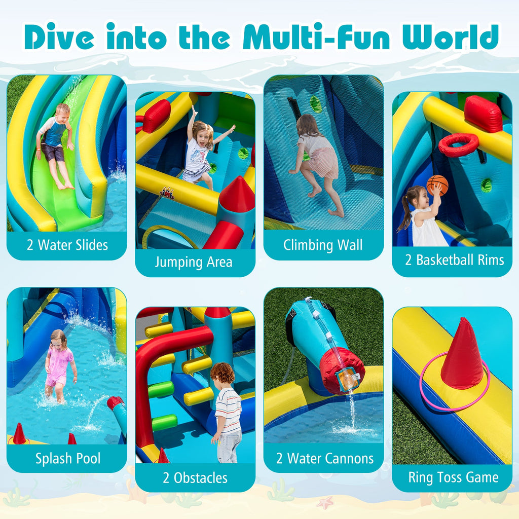 Inflatable Double Water Slide Park with Obstacle Course and Basketball Hoops