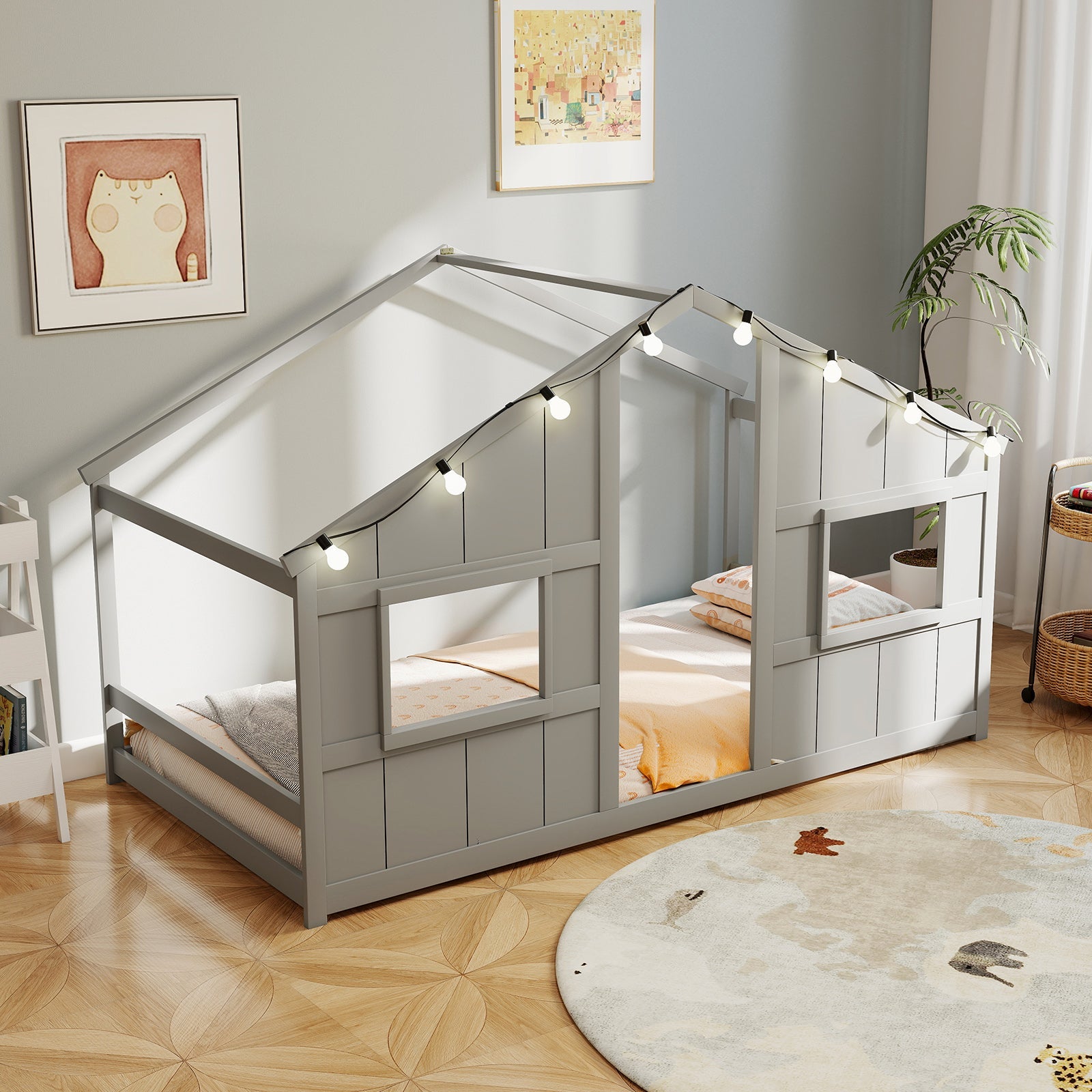 Twin Size House Bed with LED Lights Montessori Slat-free Floor Bed