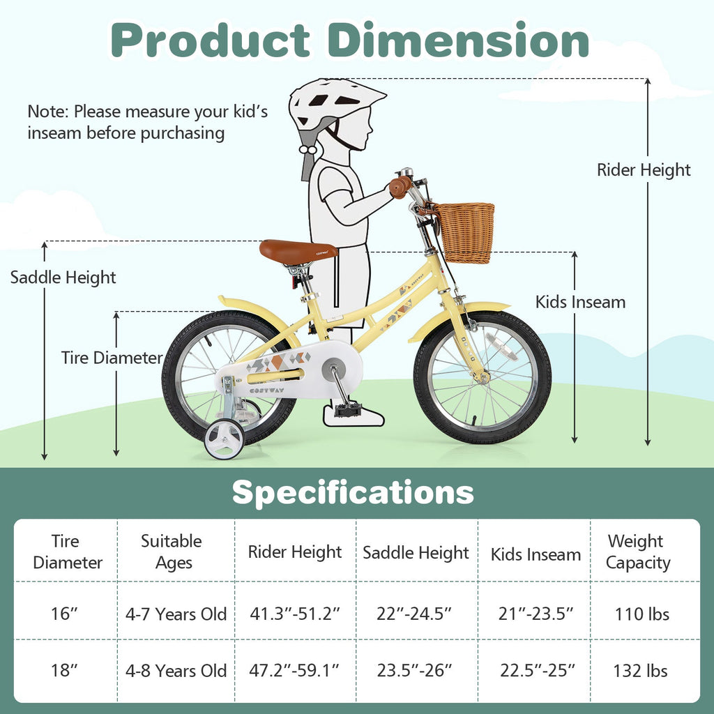 18 Inch Kids Bike Adjustable Bicycle with Reflectors and Bell for Children 4-8 Years Old-18 inches