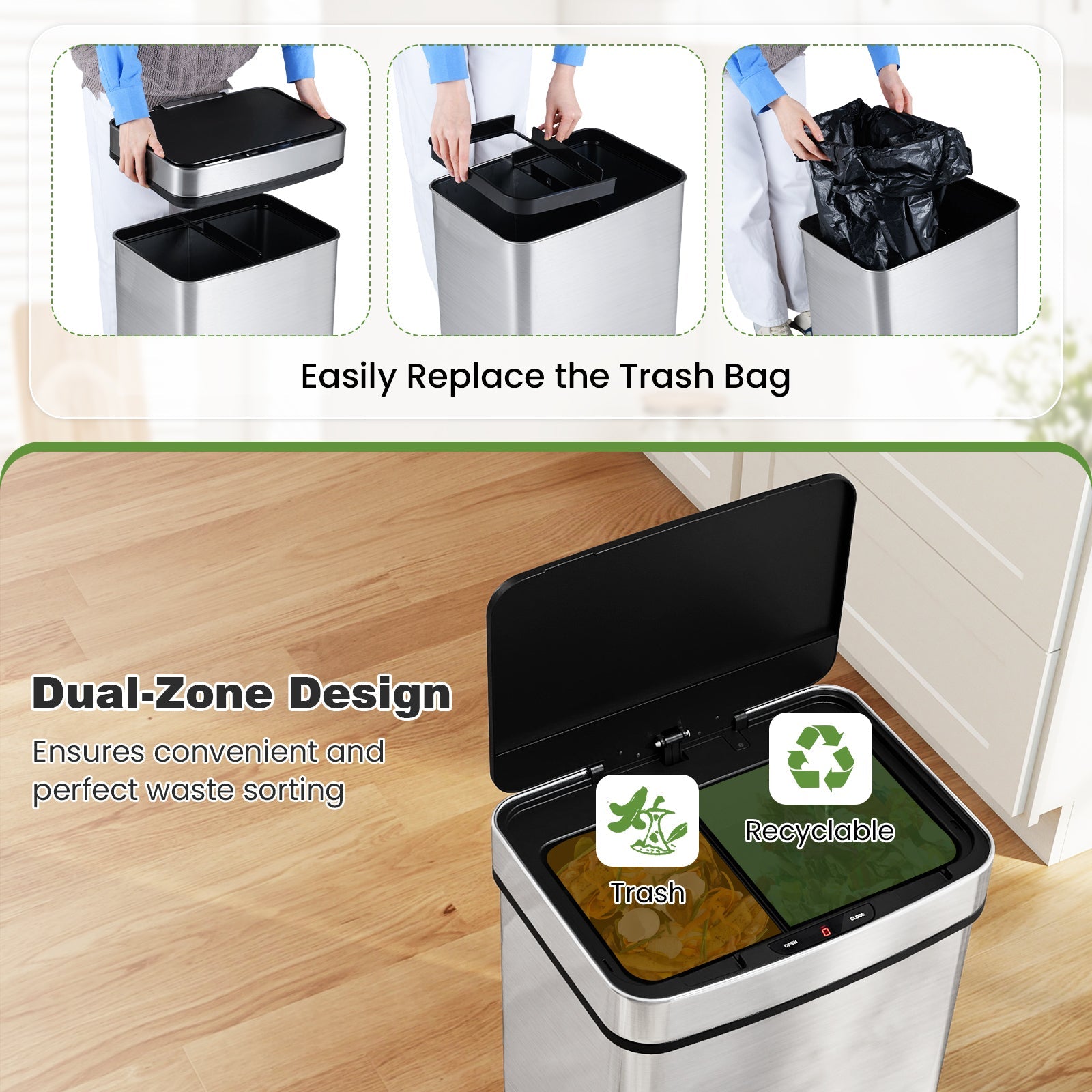 16 Gallon Trash Can Infrared Motion Sensor Garbage Can with Dual Compartments-Silver