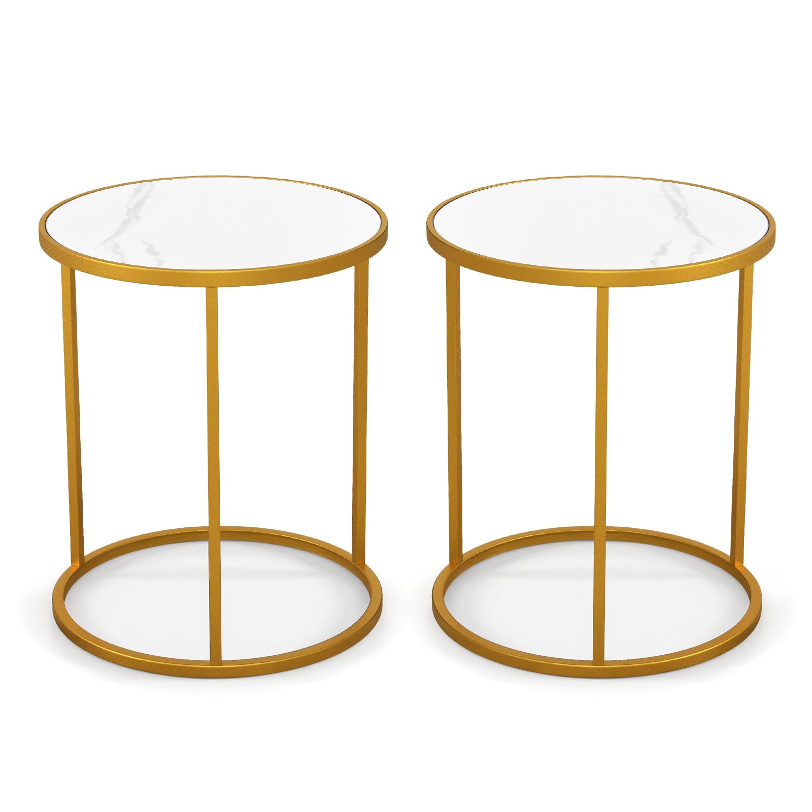 16 Inch Marble Top Round Side Table with Golden Metal Frame for Living Room Bedroom