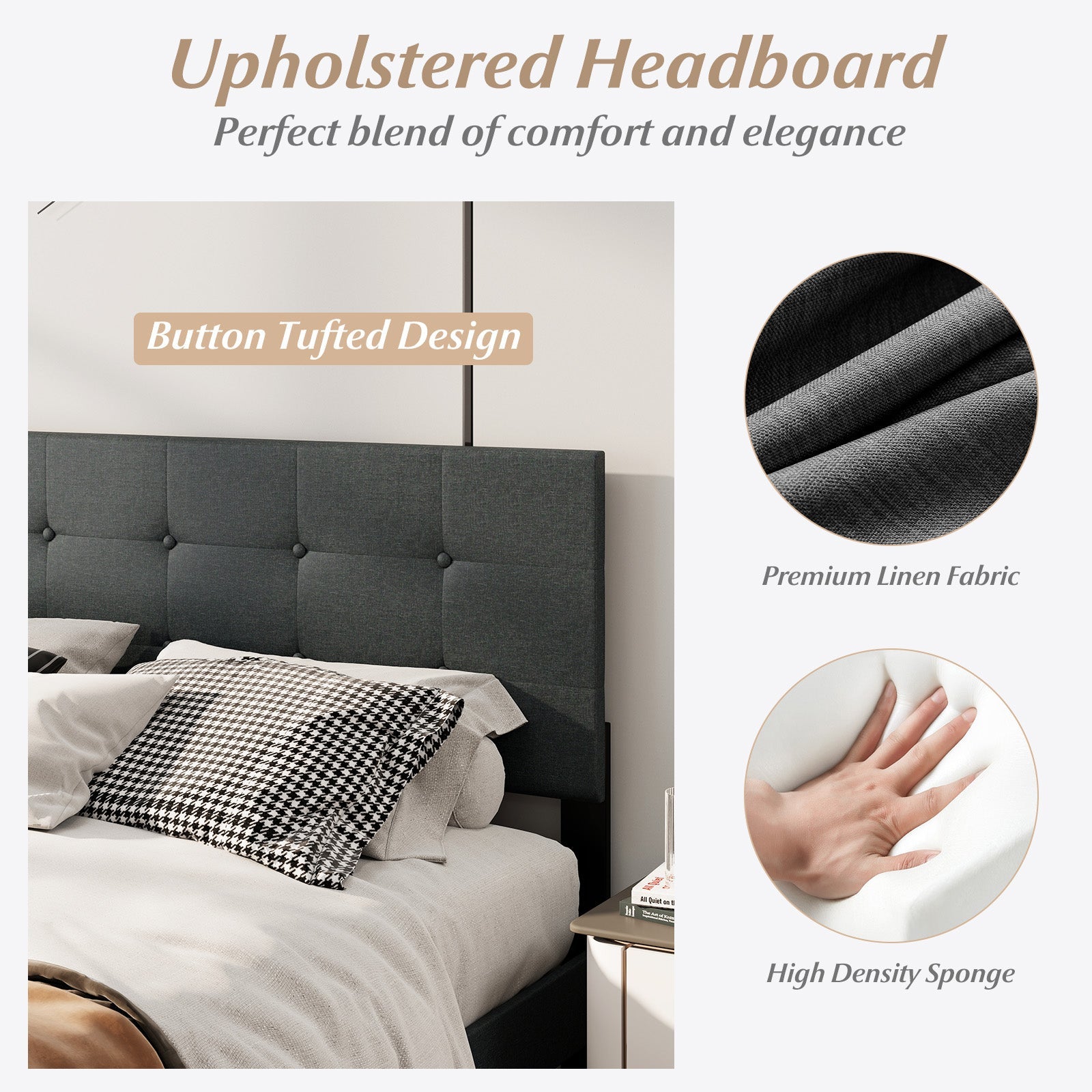 Queen Size Upholstered Bed Frame Linen Platform Bed-Dark Gray