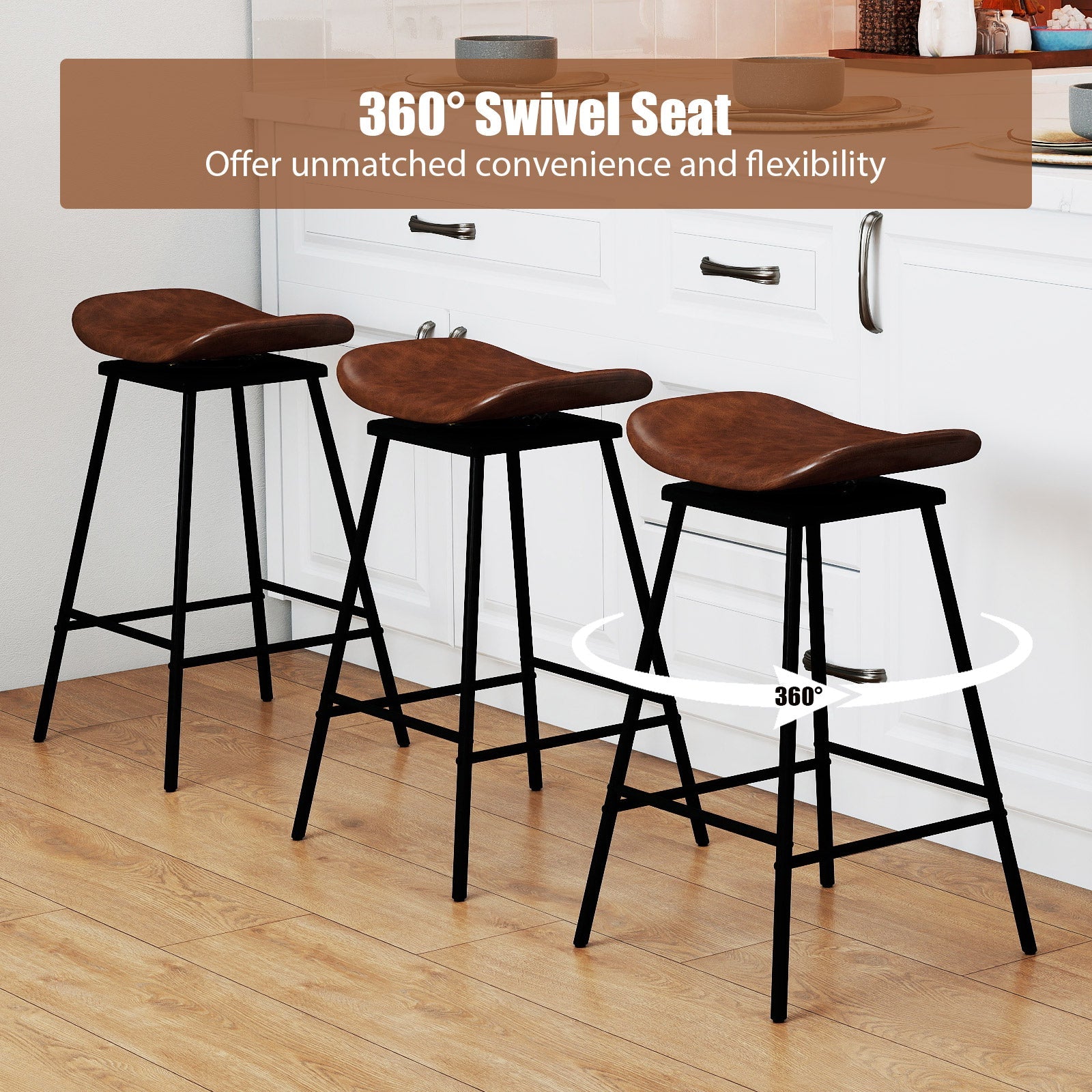 Set of 2 Swivel Barstools Faux Leather Upholstered Backless with Footrest