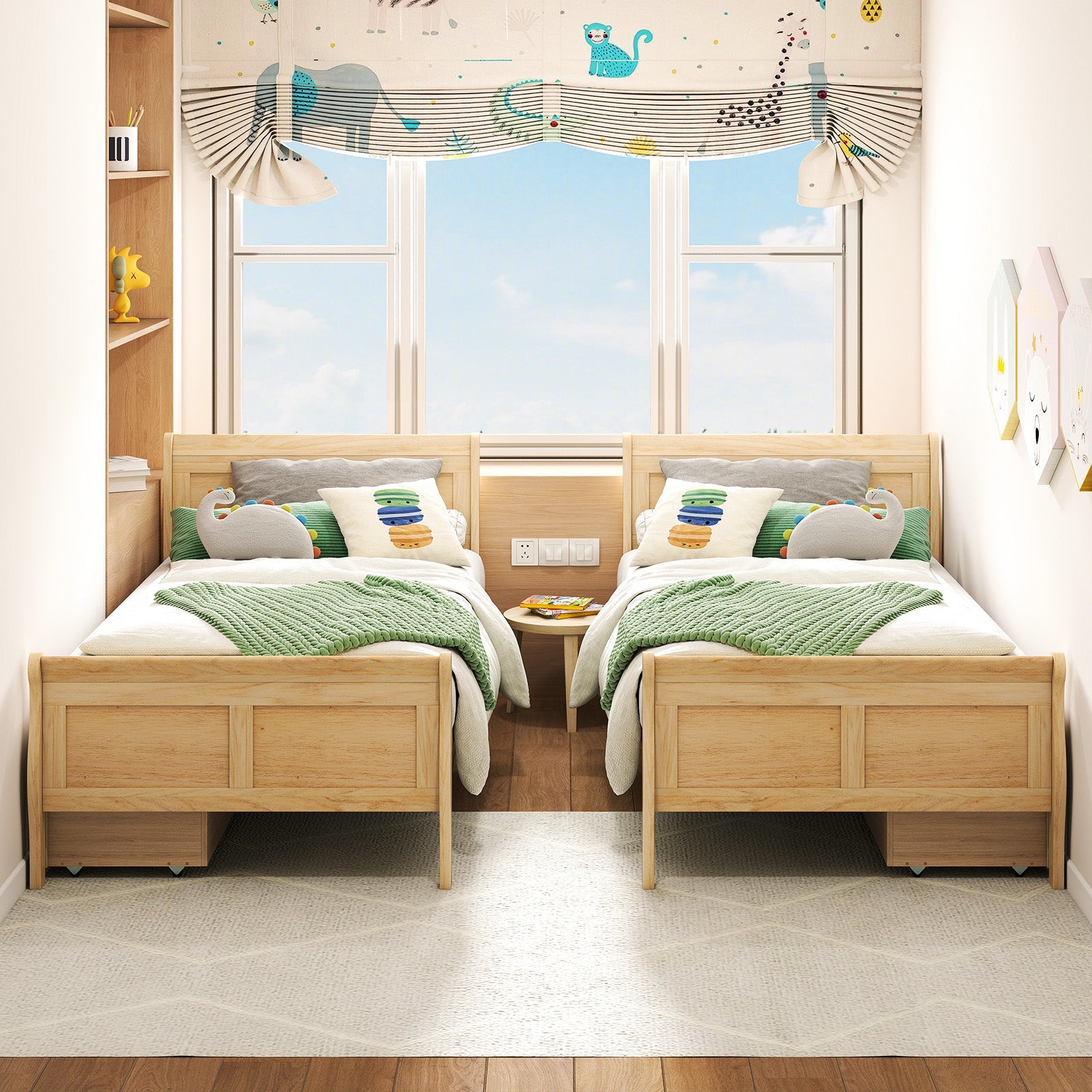 Twin Size Sleigh Bed with 2 Storage Drawers Wood Platform Bed Frame