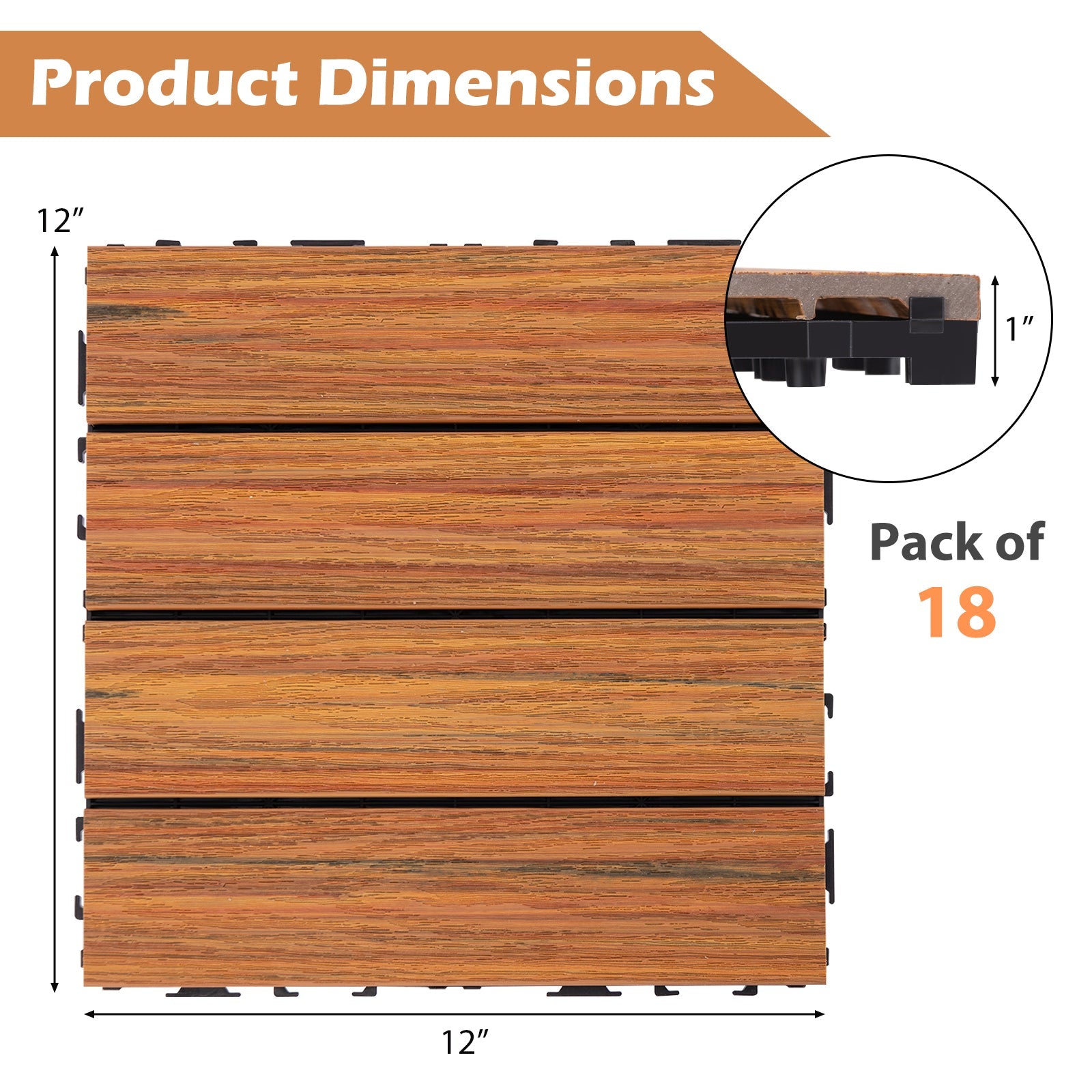 18 Pieces 12 x 12 Inch Interlocking Deck Tiles for 1.7„é° Total Splicing Area-Brown