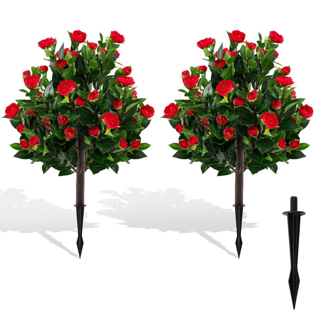 31 Inches Artificial Camellia Tree Set 2 Pack Fake Flower Trees-Green