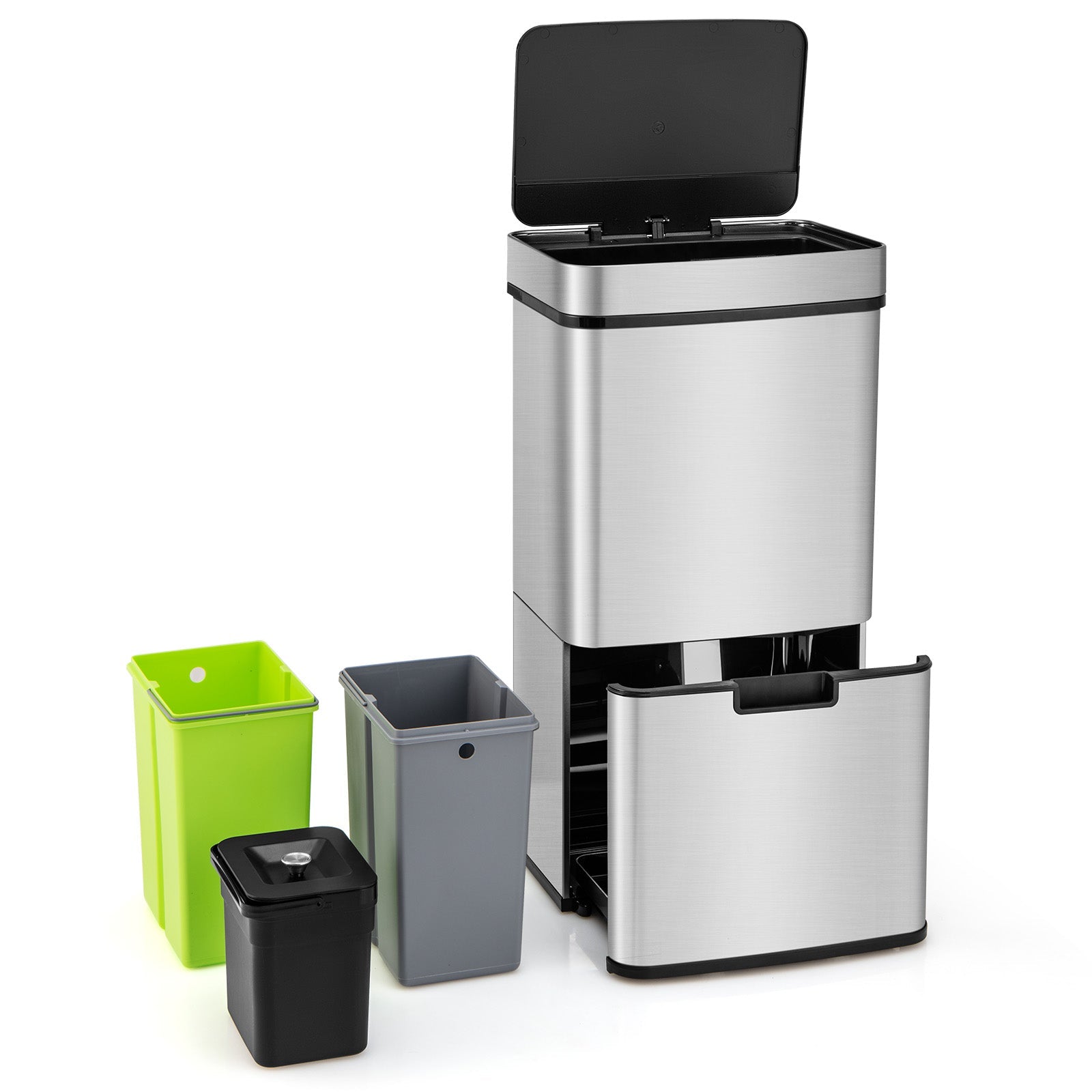 19 Gal Stainless Steel Trash Can with Kitchen Waste Bin and 2 Bottom Recycling Bins-Silver