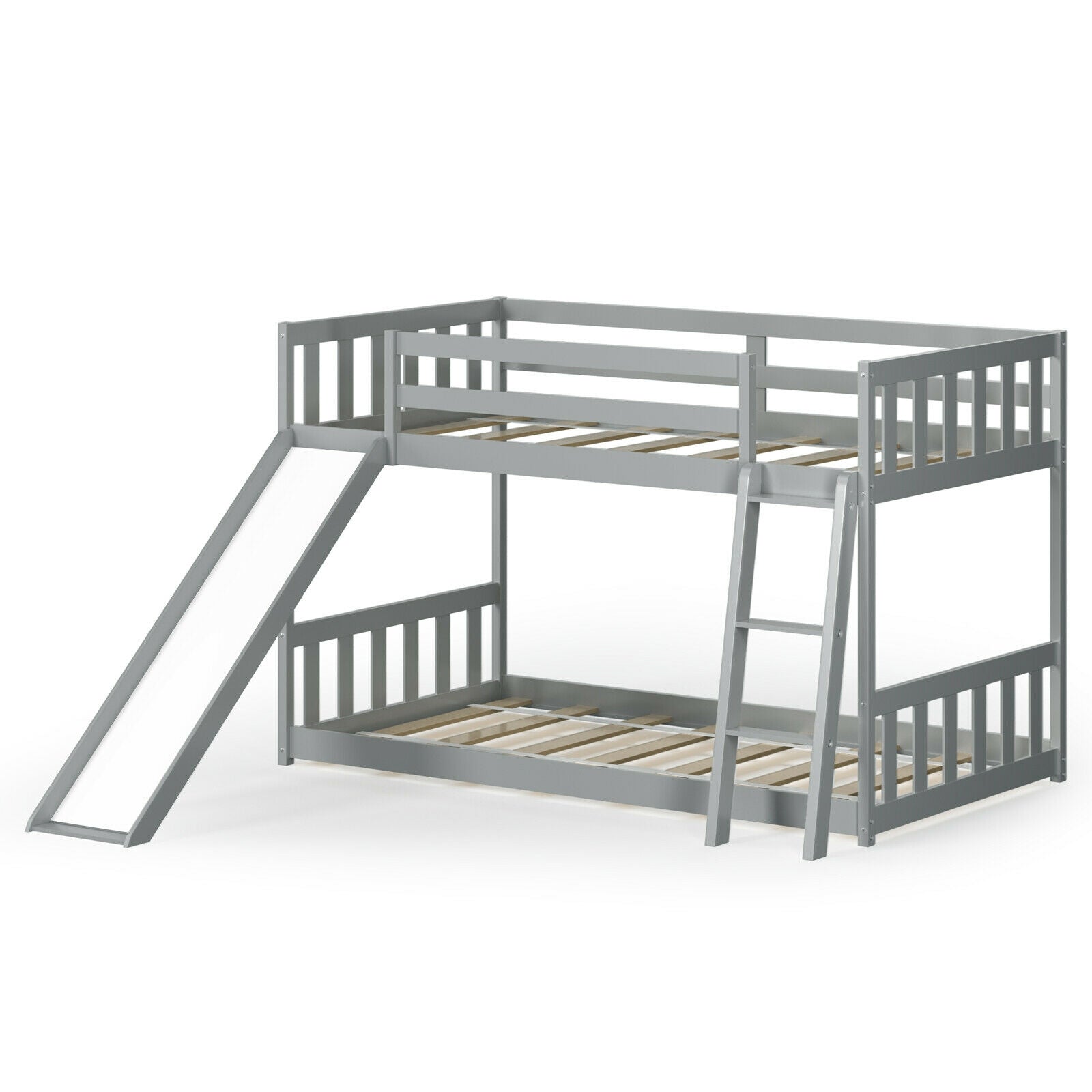 Twin over Twin Bunk Wooden Low Bed with Slide Ladder for Kids
