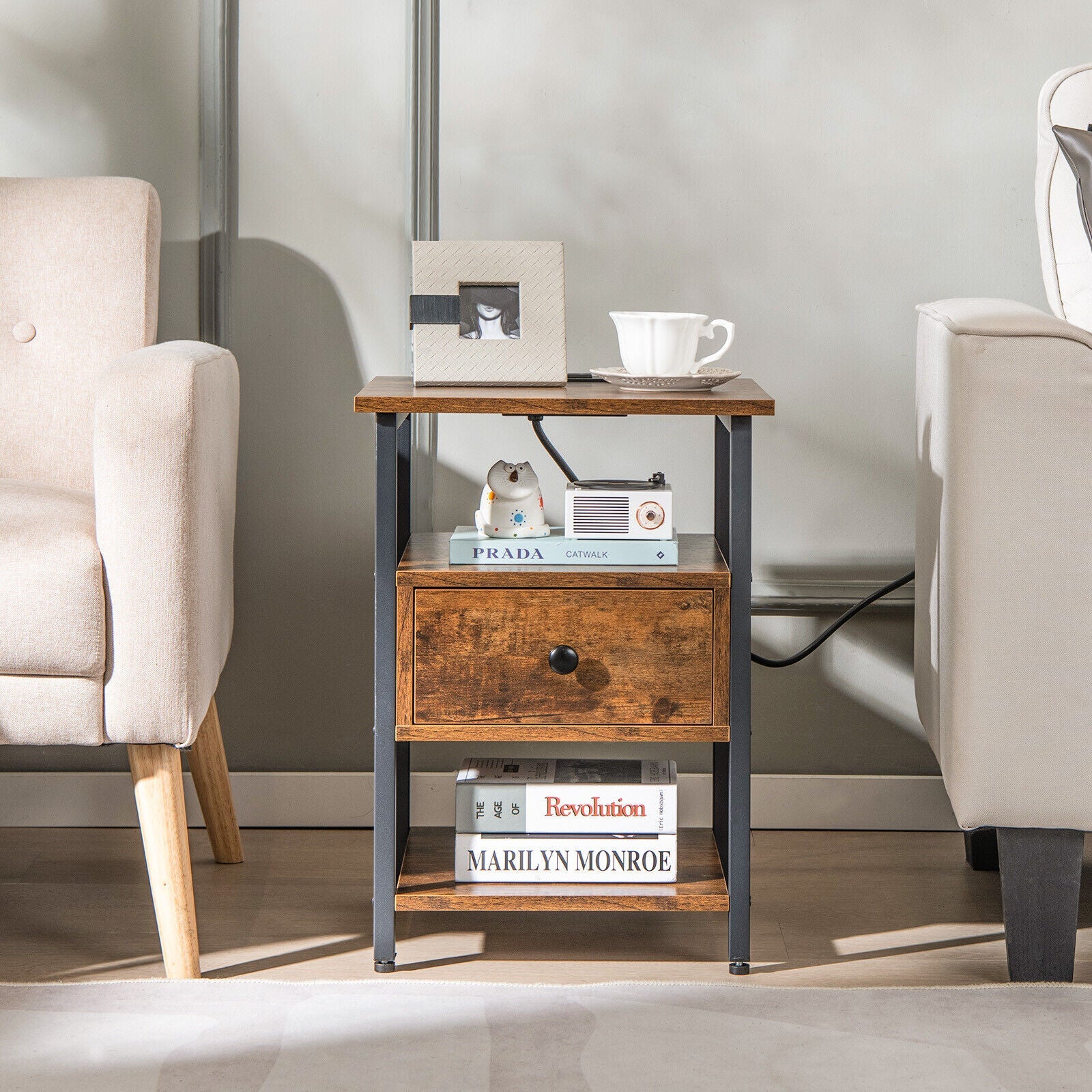 1/2 Pieces 3-Tier Nightstand with Charging Station and Drawer
