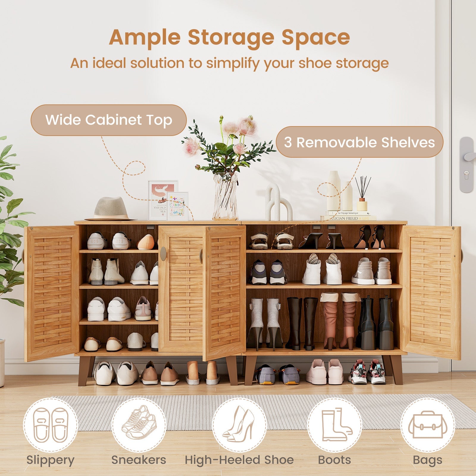 2-Door 4-Tier Shoe Cabinet Storage Organizer with Ventilated Woven Doors-Teak