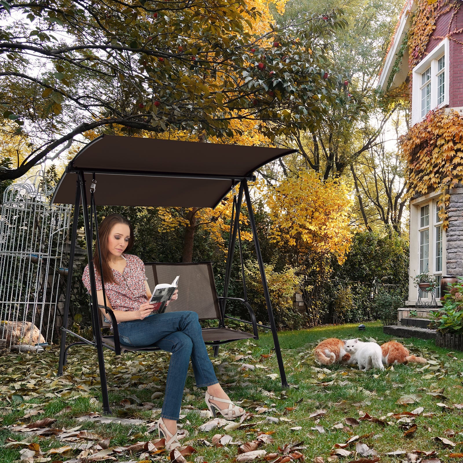 2-Seat Outdoor Canopy Swing with Comfortable Fabric Seat and Heavy-duty Metal Frame