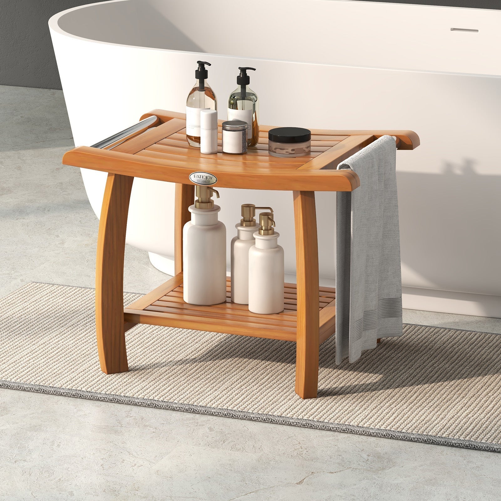 2-Tier Teak Wood Shower Bench Shower Stool with Curved Seat