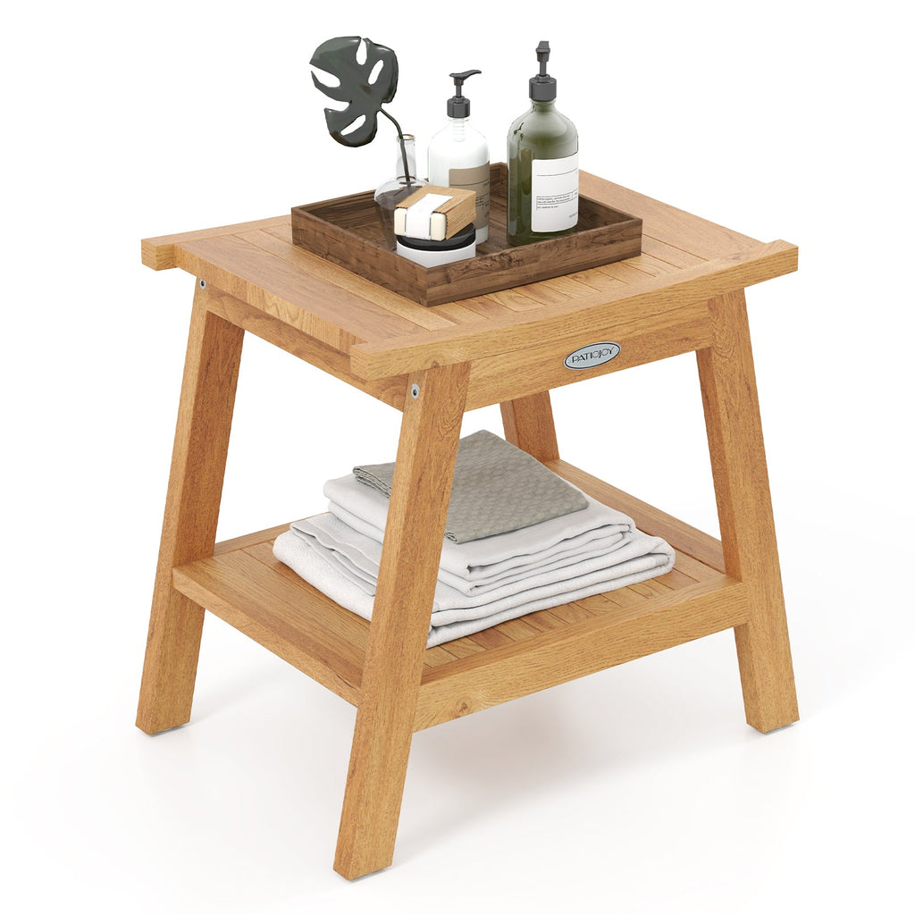 20 Inches Teak Wood Shower Bench with Storage Shelf and Adjustable Foot Pads