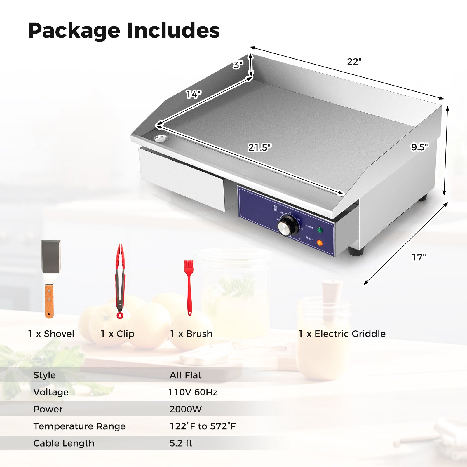 22 Inch Countertop Electric Griddle 2000W 110V Commercial Stainless Steel Grill-Silver