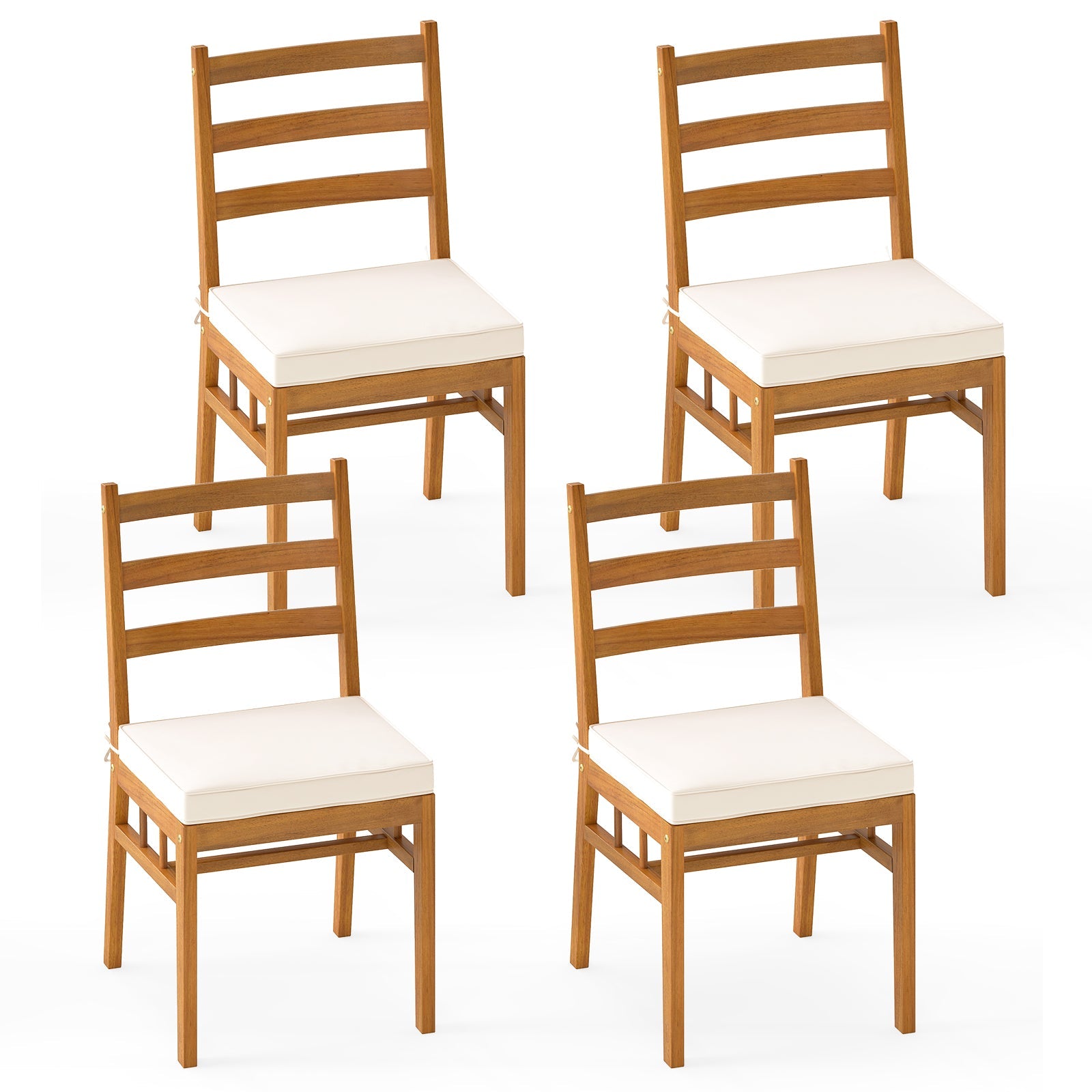 Outdoor Wooden Dining Chair Set of 4 with Padded Seat Cushions-White