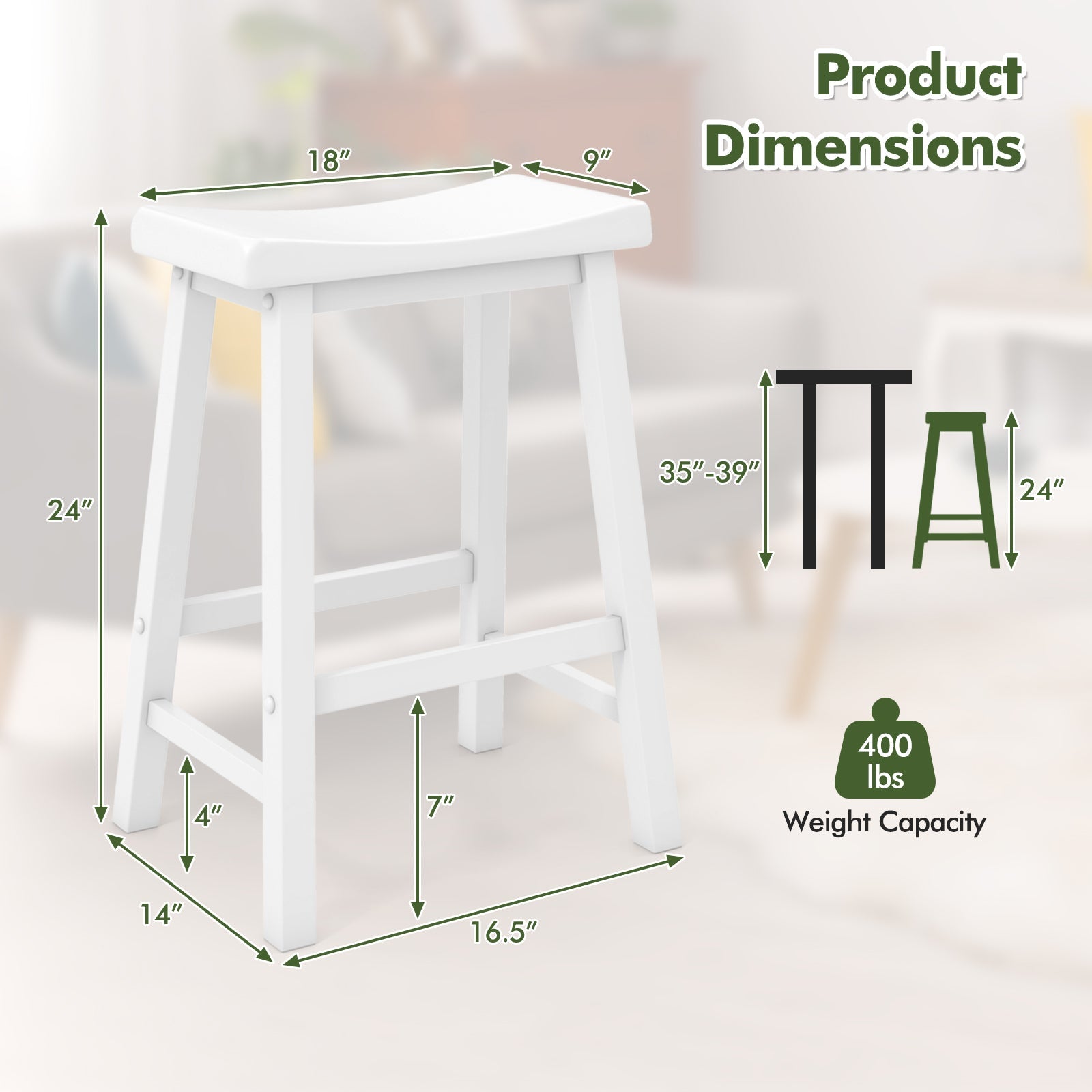 Set of 2 24 Inch Counter Height Stools with Solid Wood Legs