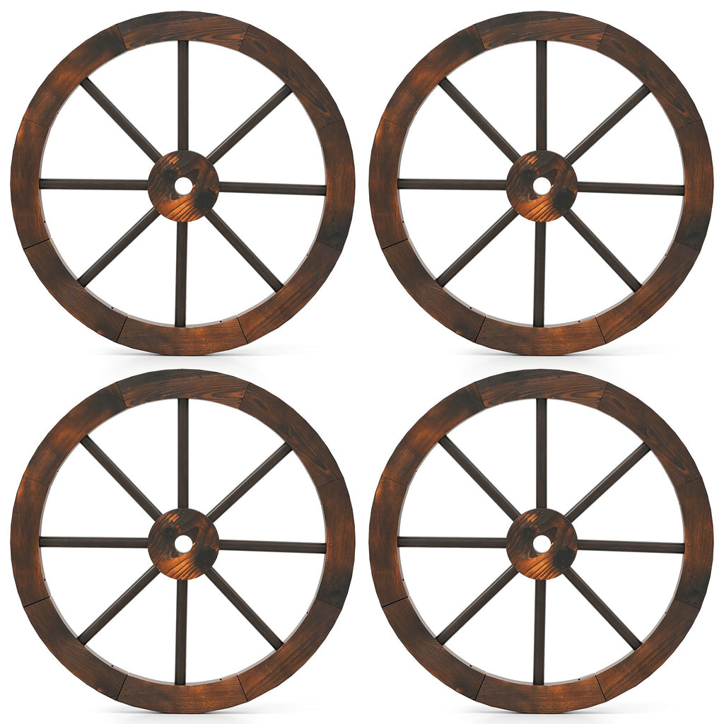 24 Inch Set of 4 Decorative Wooden Wagon Wheel Carbonized Solid Fir Wood