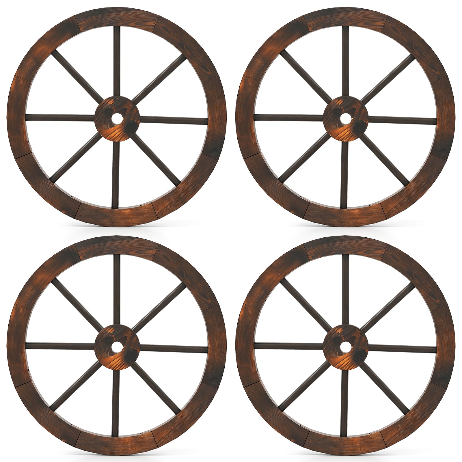 24 Inch Set of 4 Decorative Wooden Wagon Wheel Carbonized Solid Fir Wood