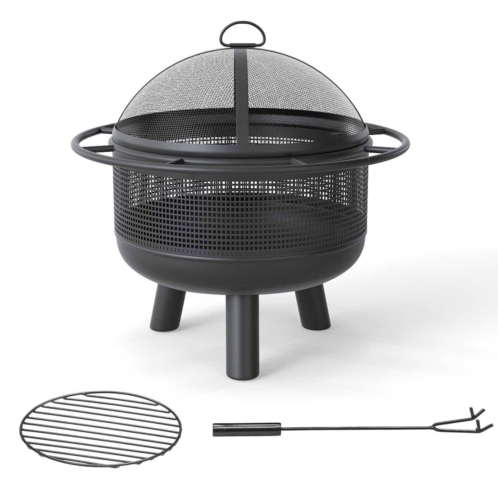 24 Inch Wood Burning Fire Pit with Log Grate and Mesh Screen for Outside