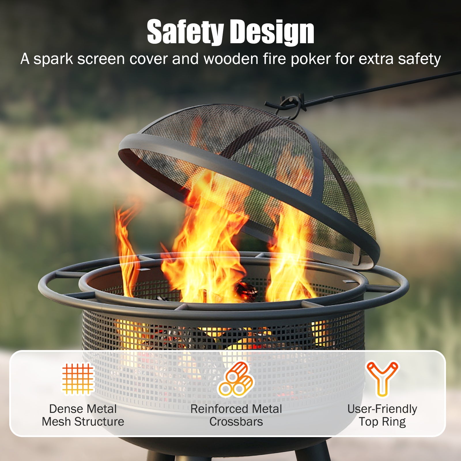 24 Inch Wood Burning Fire Pit with Log Grate and Mesh Screen for Outside