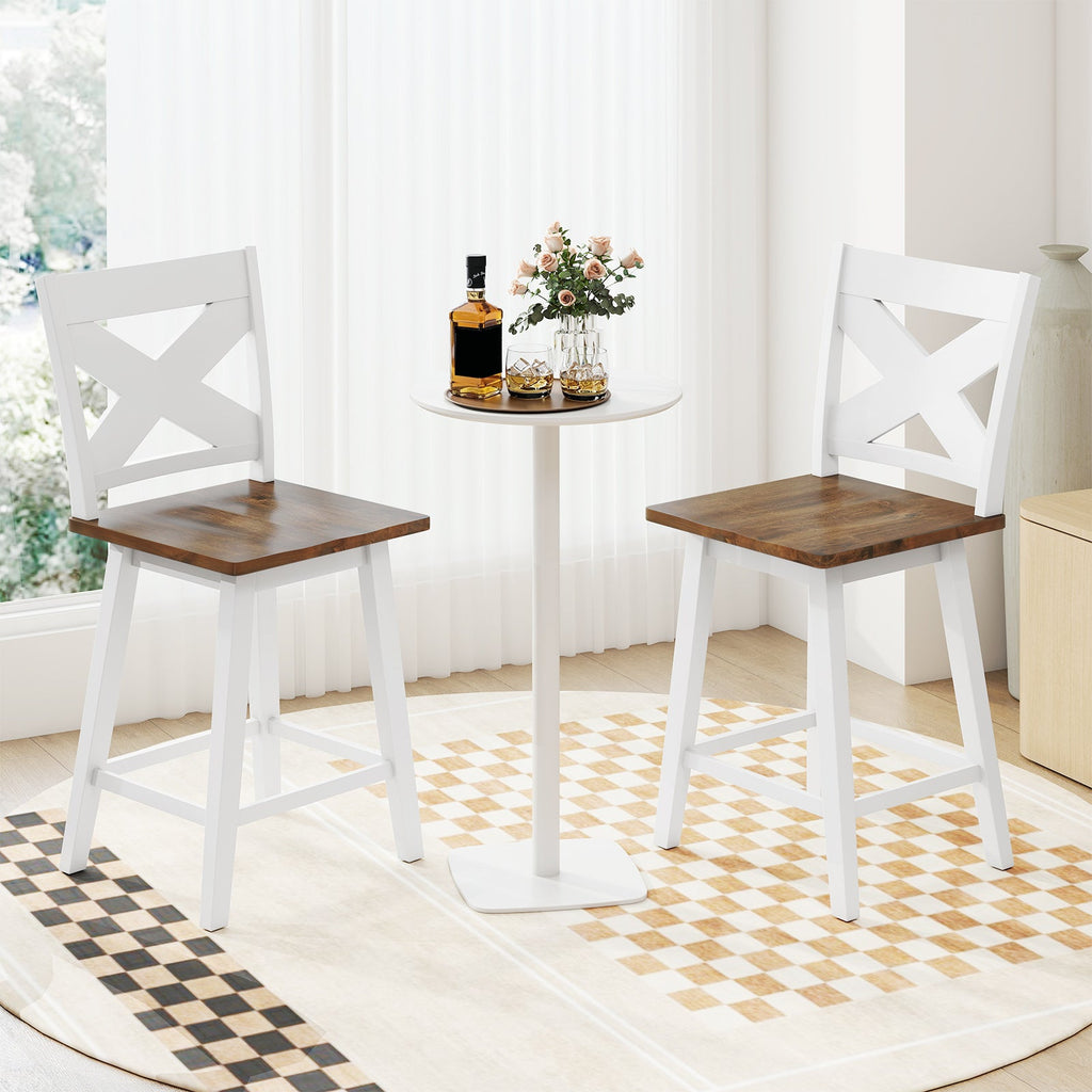 24" Rubberwood Swivel Barstools Set of 2 with Backrest and Large Seat
