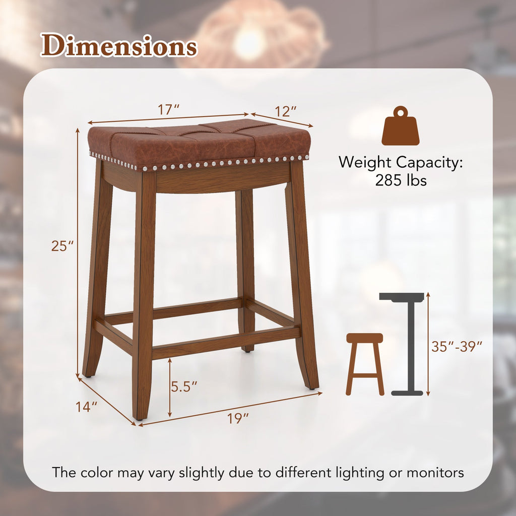 25/29 Inch Set of 2 Upholstered PU Leather Bar Stools with Saddle Seat